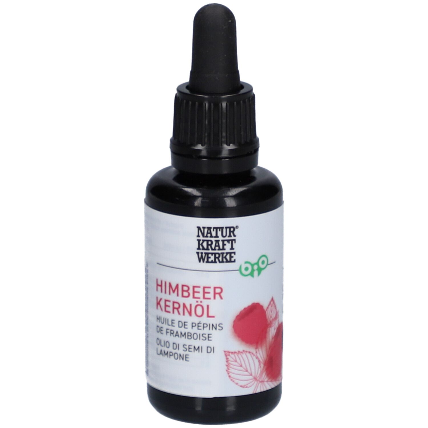 Bruine glazen fles met zwarte dop en pipet. Etiket met productnaam en frambozenillustratie.