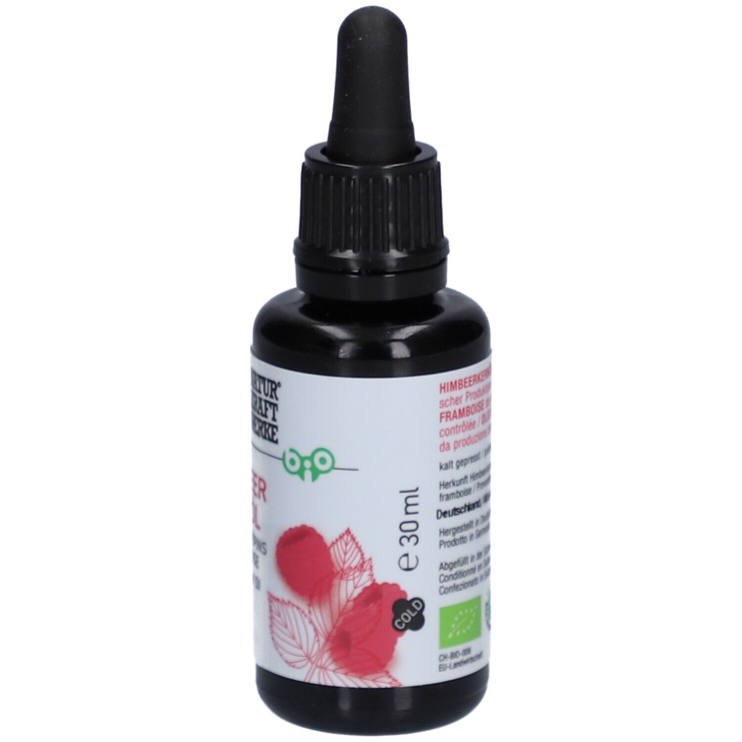 Bruine glazen fles met zwarte dop en pipet. Etiket met productnaam, frambozenillustratie en bio-keurmerk.