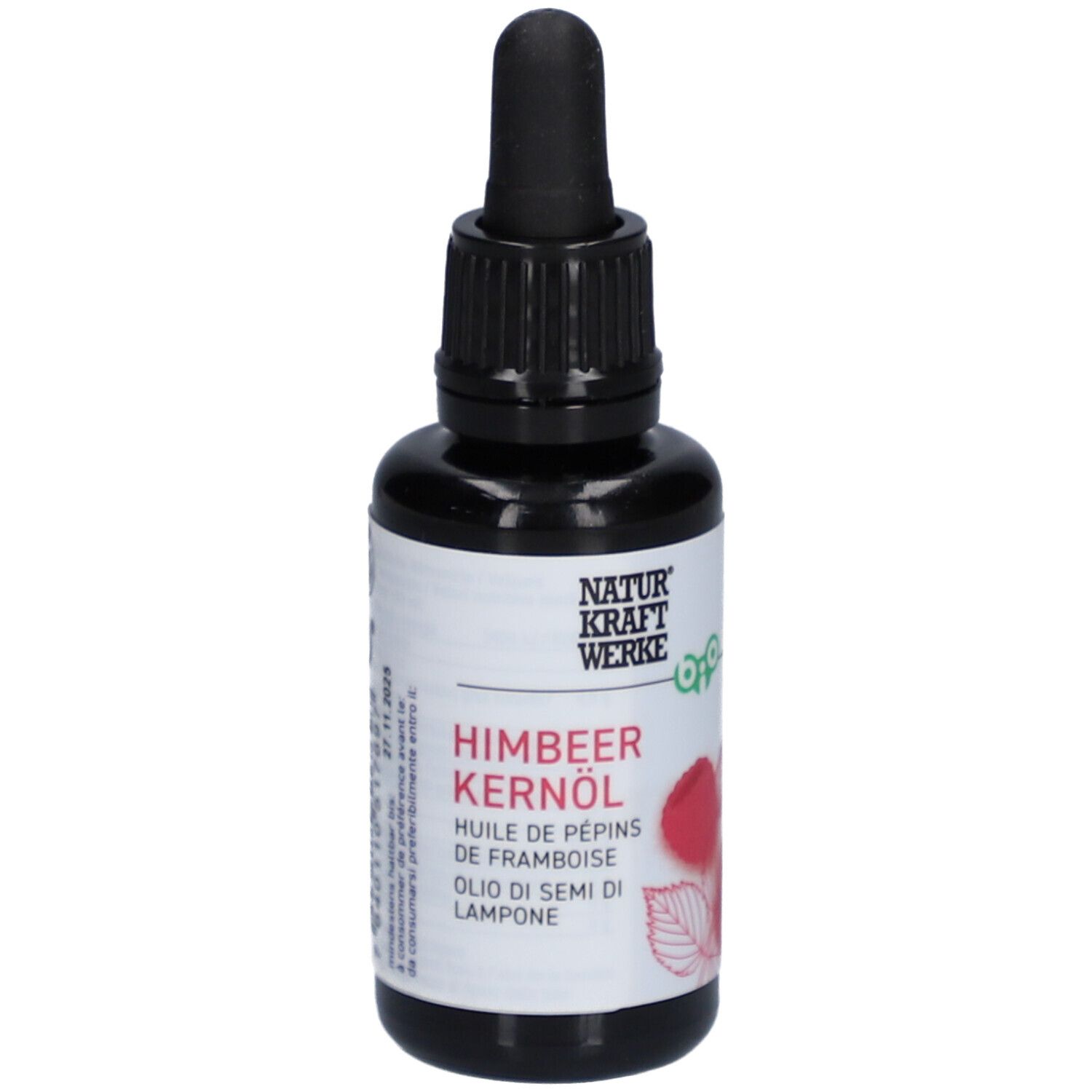 Bruine glazen fles met zwarte dop en pipet. Etiket met productnaam en logo.