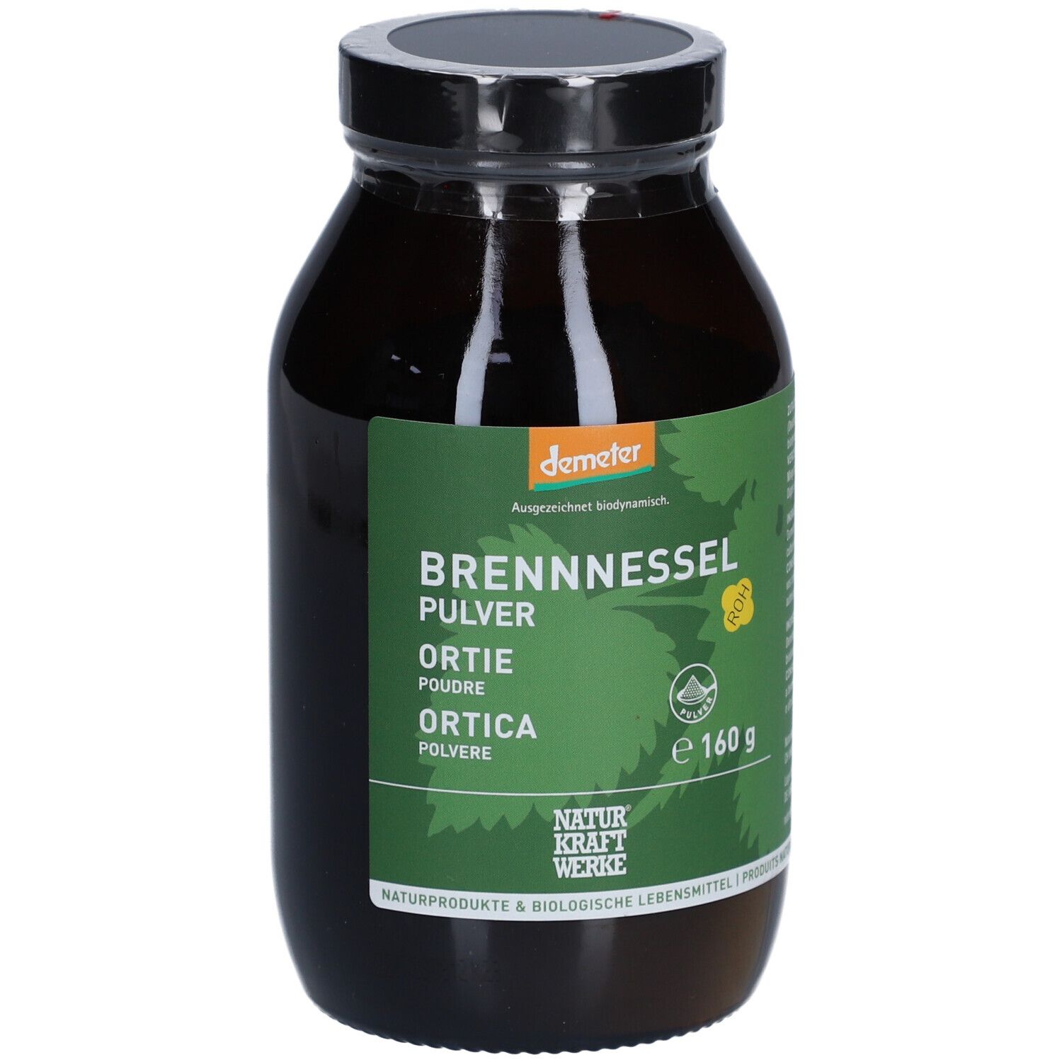 Bruine glazen fles met zwarte dop. Etiket met productnaam, Demeter-logo en 160g. NATURKRAFTWERKE Ortie Poudre Demeter.
