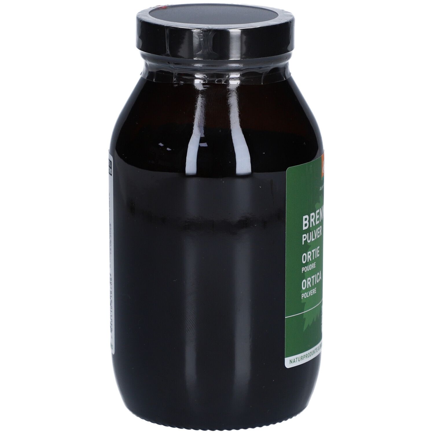 Bruine glazen fles met zwarte dop. Etiket met productinformatie. NATURKRAFTWERKE Ortie Poudre Demeter.