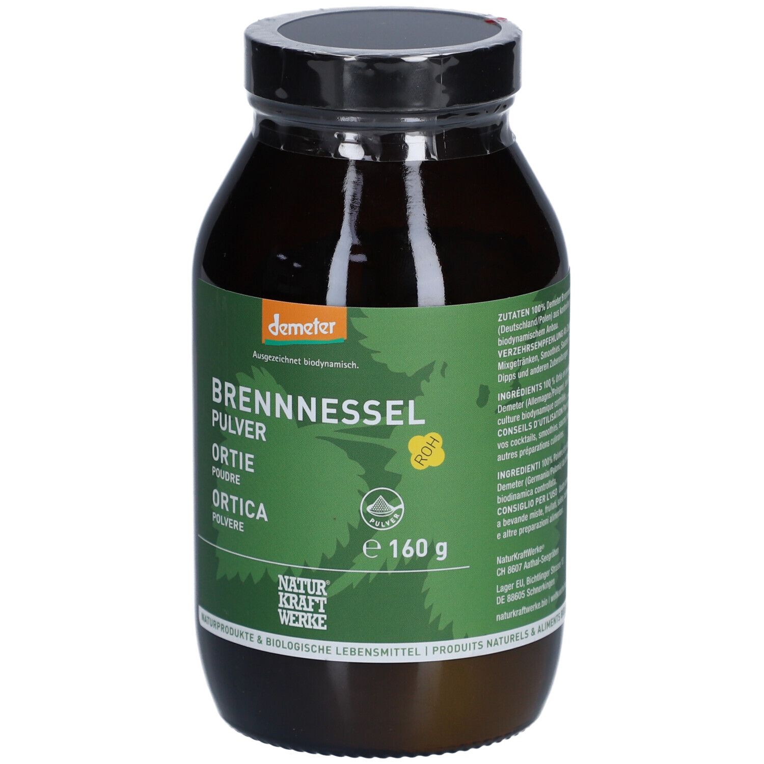 Bruine glazen fles met zwarte dop. Etiket met productnaam, Demeter-logo en 160g. NATURKRAFTWERKE Ortie Poudre Demeter.