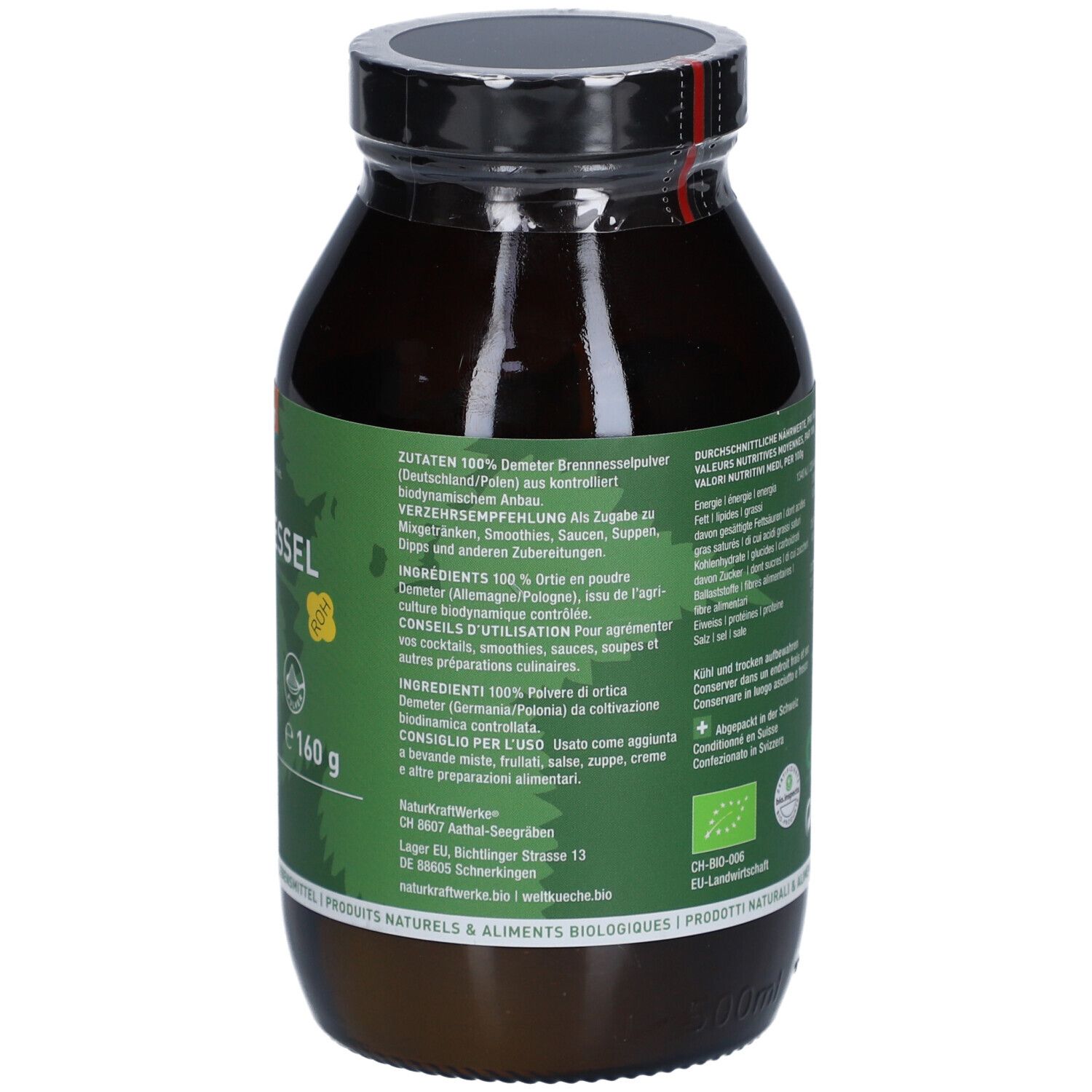 Bruine glazen fles met zwarte dop. Etiket met productinformatie en 160g. NATURKRAFTWERKE Ortie Poudre Demeter.