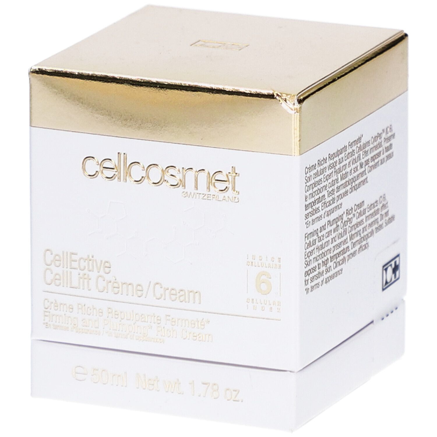 Witte doos met gouden deksel. Opschrift: cellcosmet, CellEctive CellLift Crème/Cream. 6 Cellulaire.