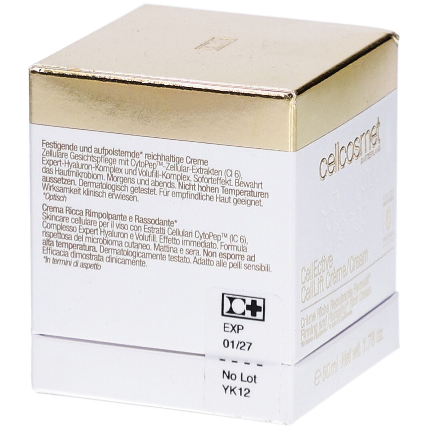 Witte doos met gouden deksel. Tekst: EXP 01/27, No Lot YK12. cellcosmet, CellEctive CellLift Crème/Cream.