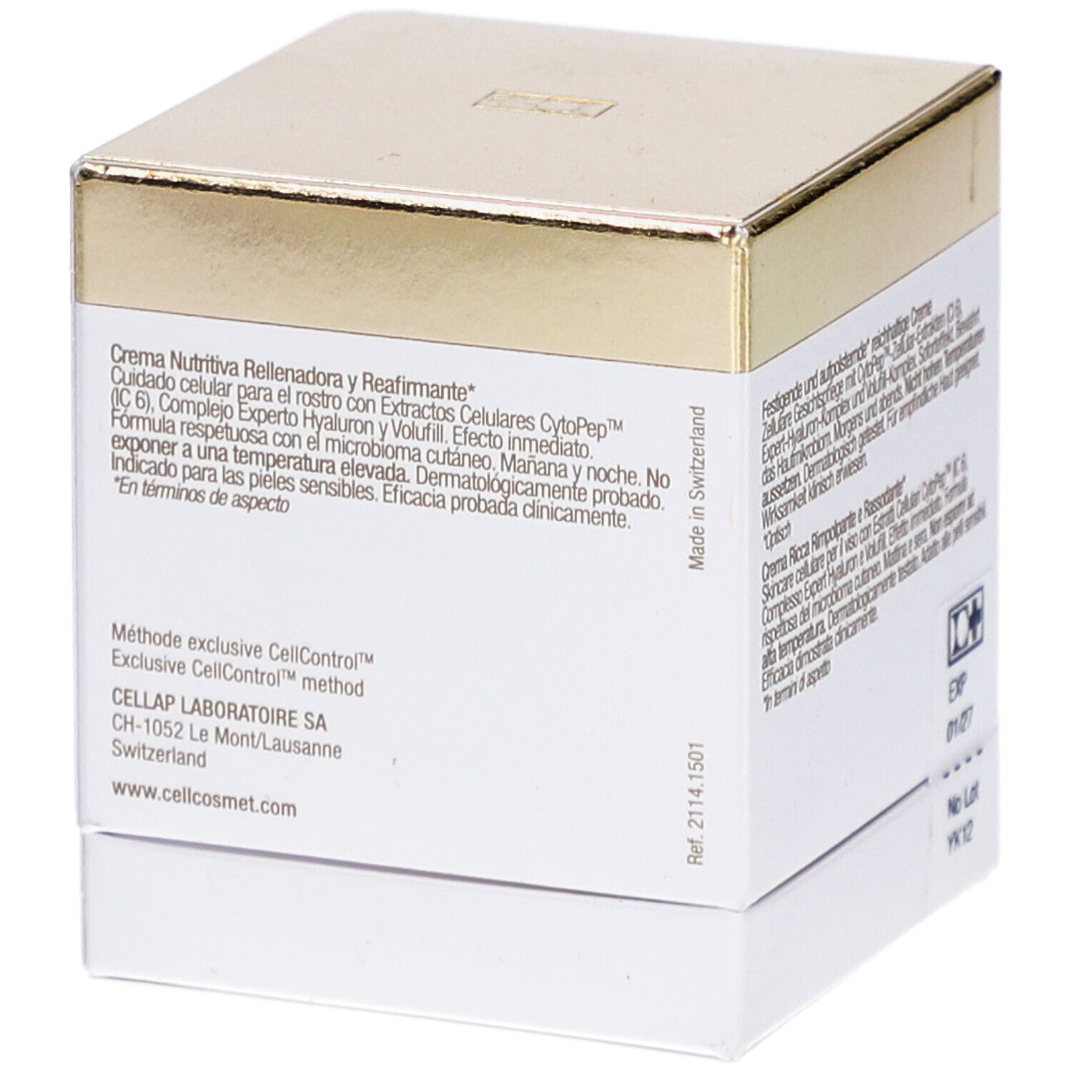 Witte doos met gouden deksel. Tekst: CELLAP LABORATOIRE SA, www.cellcosmet.com. Made in Switzerland.