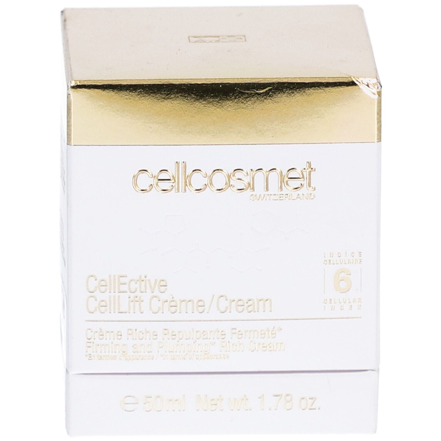 Witte doos met gouden deksel. Opschrift: cellcosmet, CellEctive CellLift Crème/Cream. 6 Cellulaire.