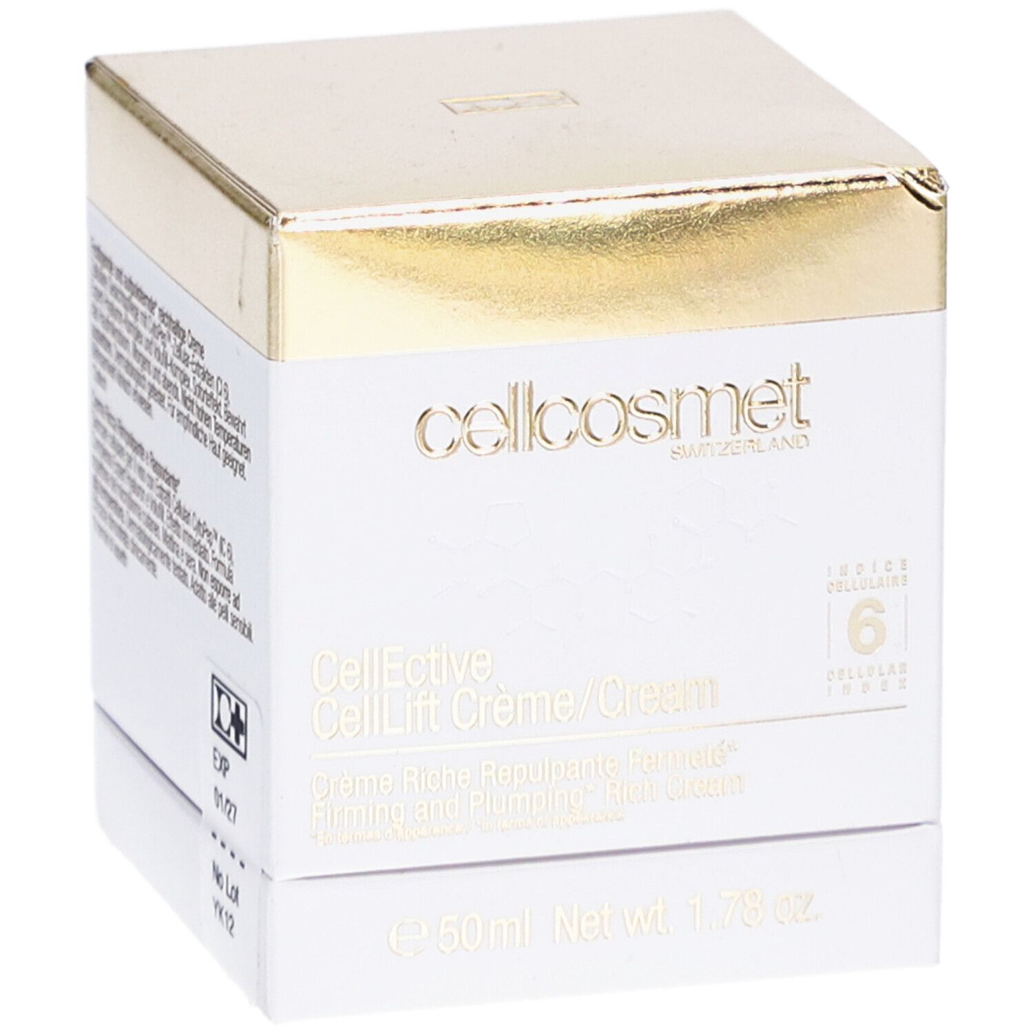 Witte doos met gouden deksel. Opschrift: cellcosmet, CellEctive CellLift Crème/Cream. 6 Cellulaire.