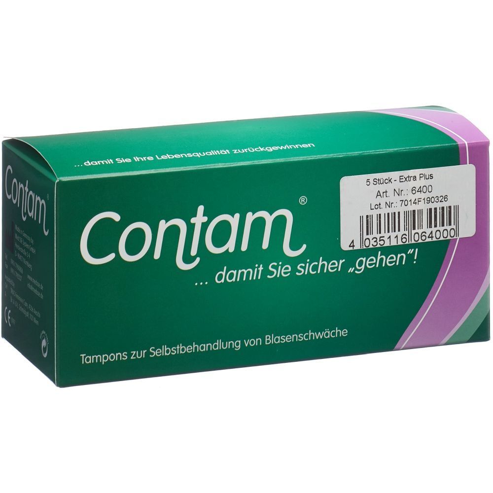 Groene doos met "Contam"-logo. Opschrift: "5 Stück - Extra Plus". Bevat tampons voor zelfbehandeling van urine-incontinentie.