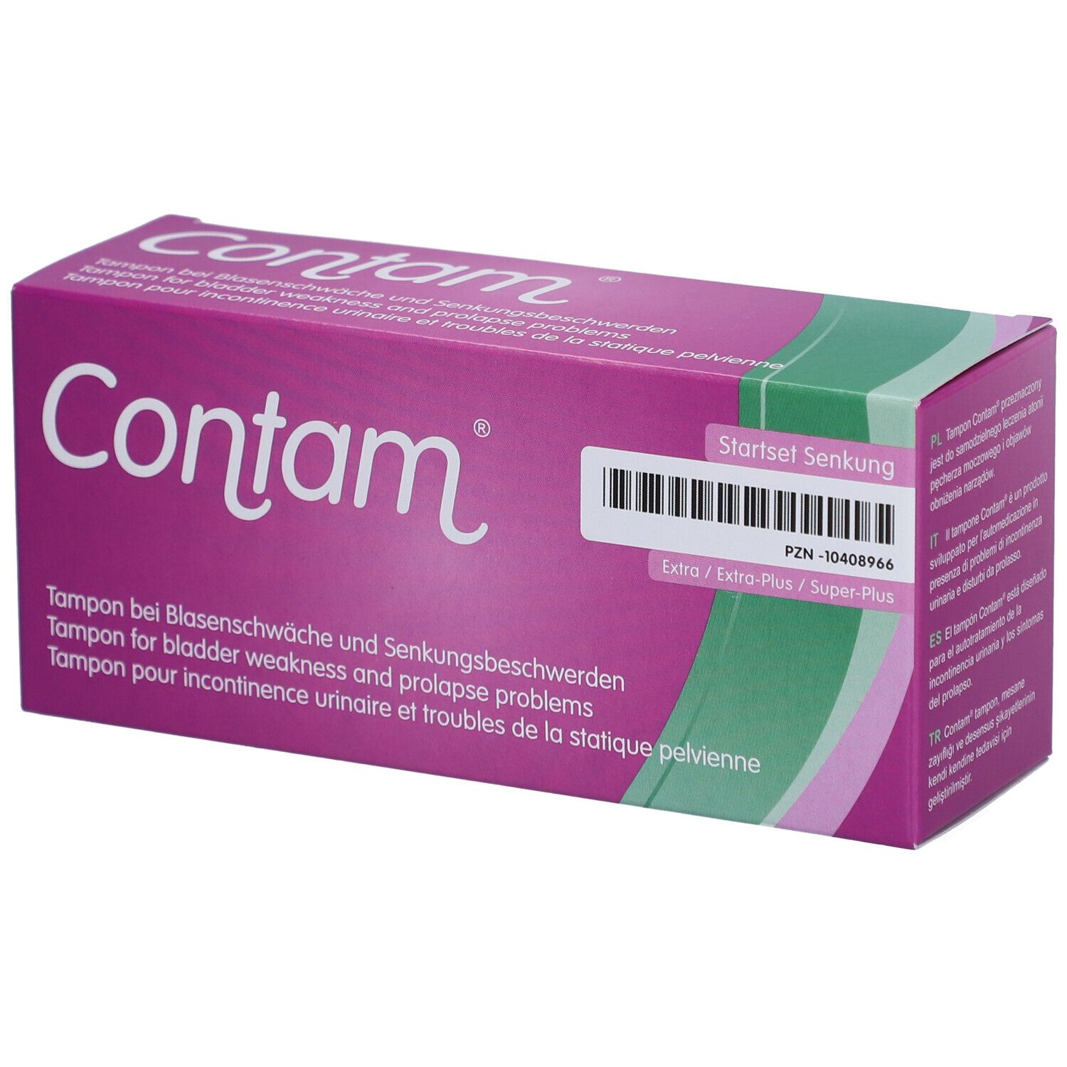 Boîte de tampons Contam®. Boîte violette avec texte blanc. Pour incontinence urinaire et troubles statique pelvien.