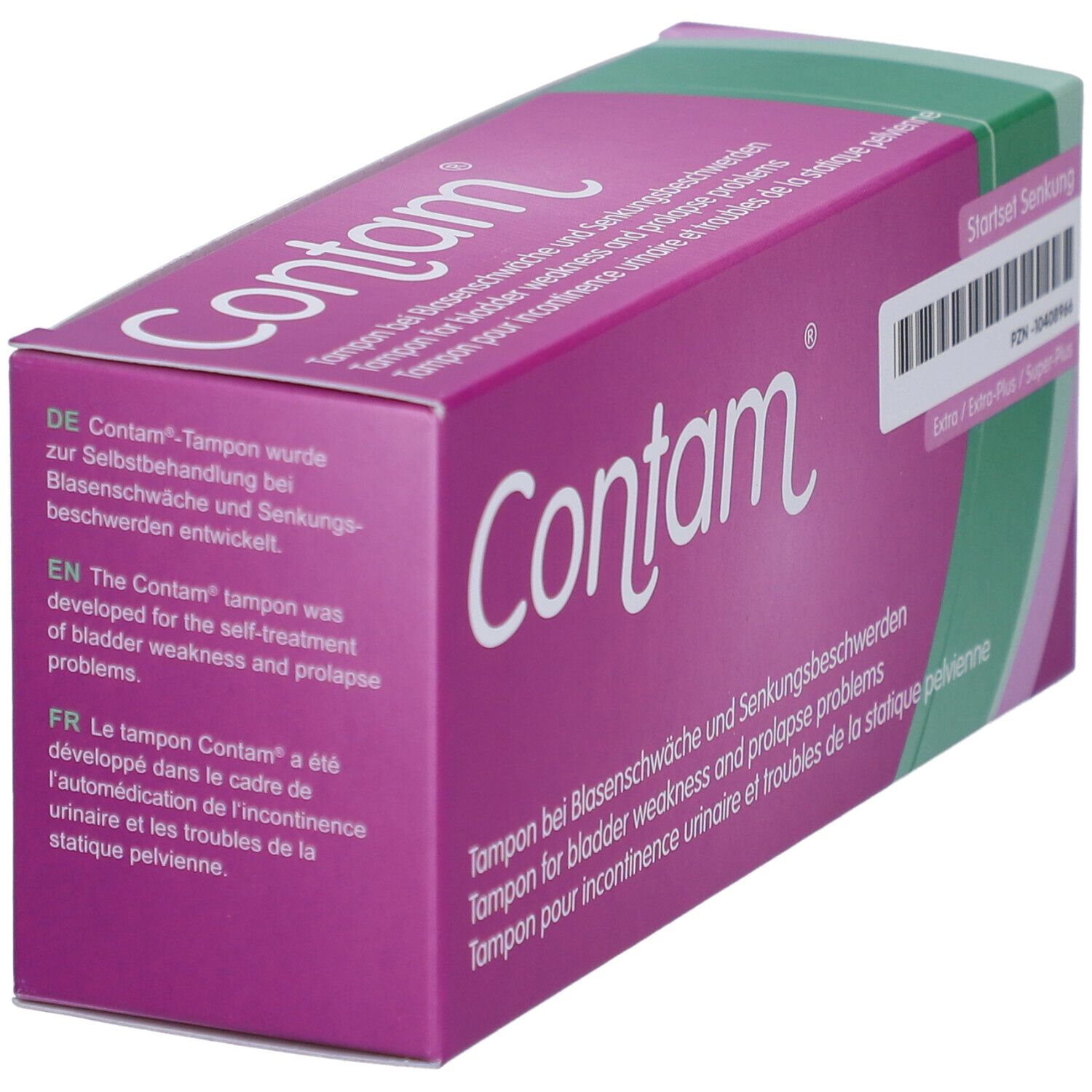 Boîte de tampons Contam®. Boîte violette avec texte blanc. Pour incontinence urinaire et troubles statique pelvien.