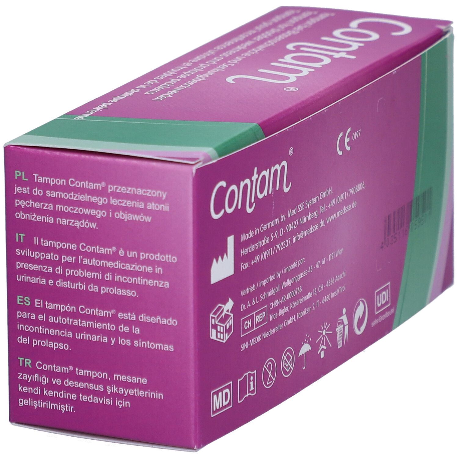 Boîte de tampons Contam®. Boîte violette avec texte blanc. Pour incontinence urinaire et troubles statique pelvien.