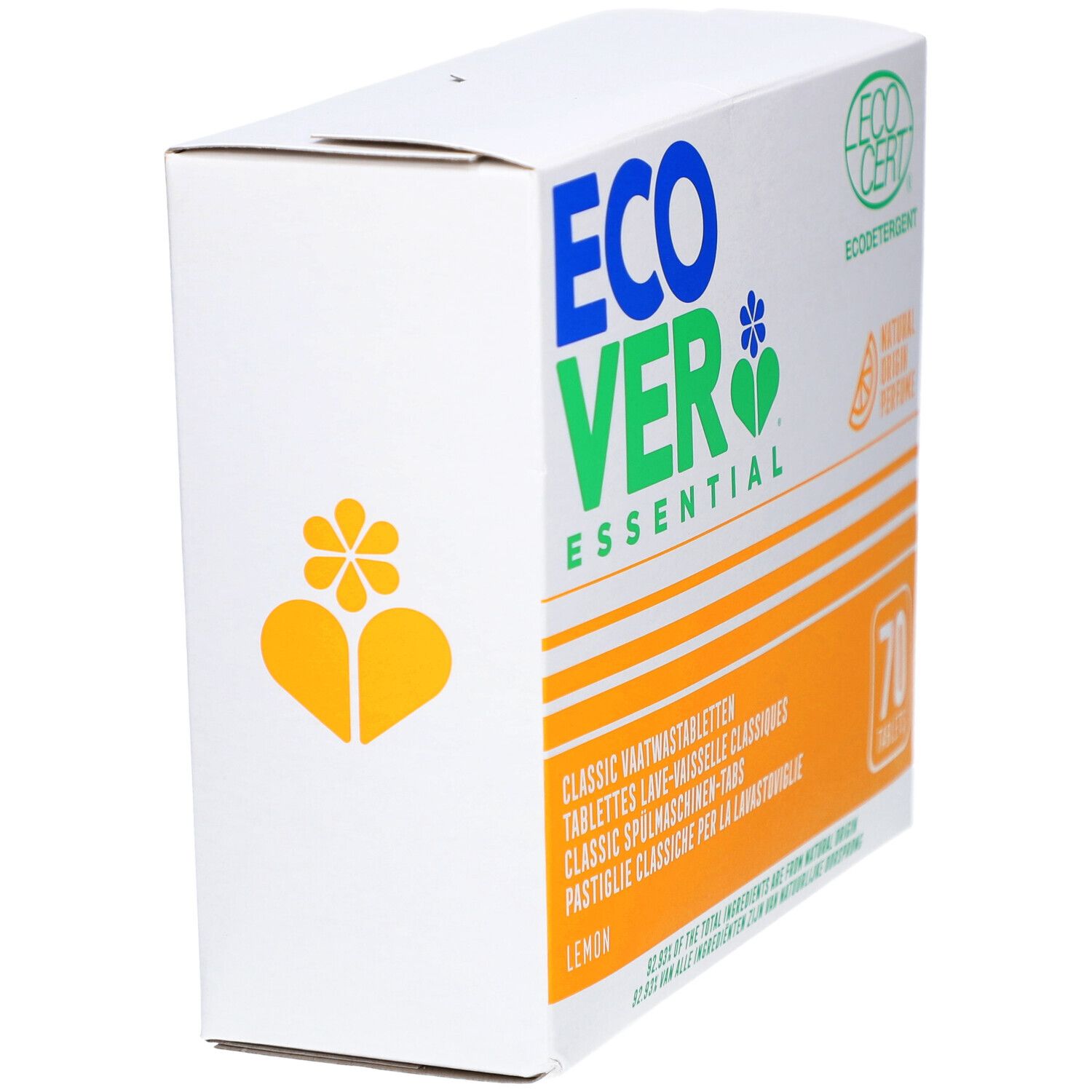 Kartonnen verpakking Ecover Essential, hoekweergave. Bevat 70 vaatwastabletten. Ecocert-certificering.