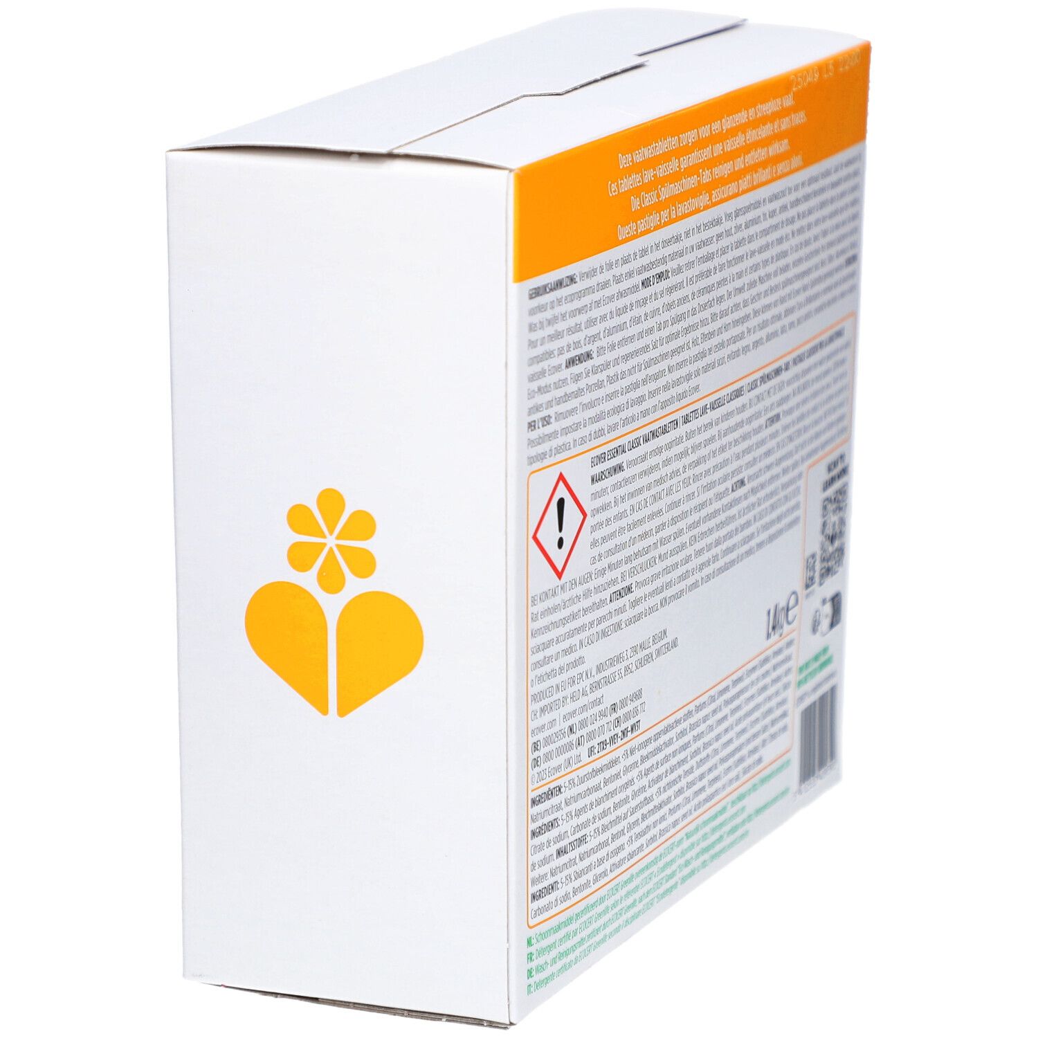 Kartonnen verpakking Ecover Essential, zijaanzicht. Bevat tekst en waarschuwingen. Inhoud 1,4 kg.