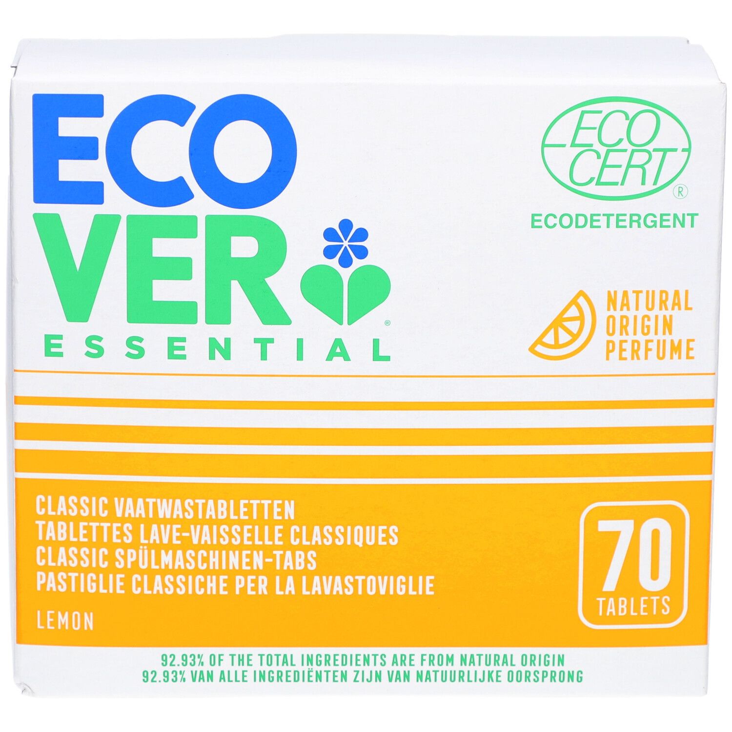 Witte kartonnen verpakking Ecover Essential. Bevat 70 vaatwastabletten. Ecocert-certificering.