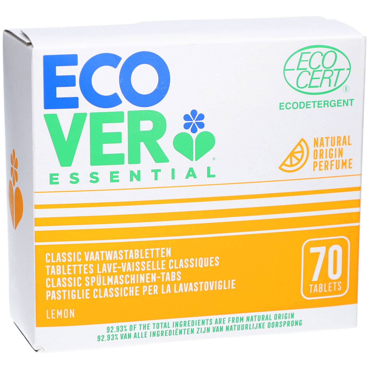 Witte kartonnen verpakking Ecover Essential. Bevat 70 vaatwastabletten. Ecocert-certificering.