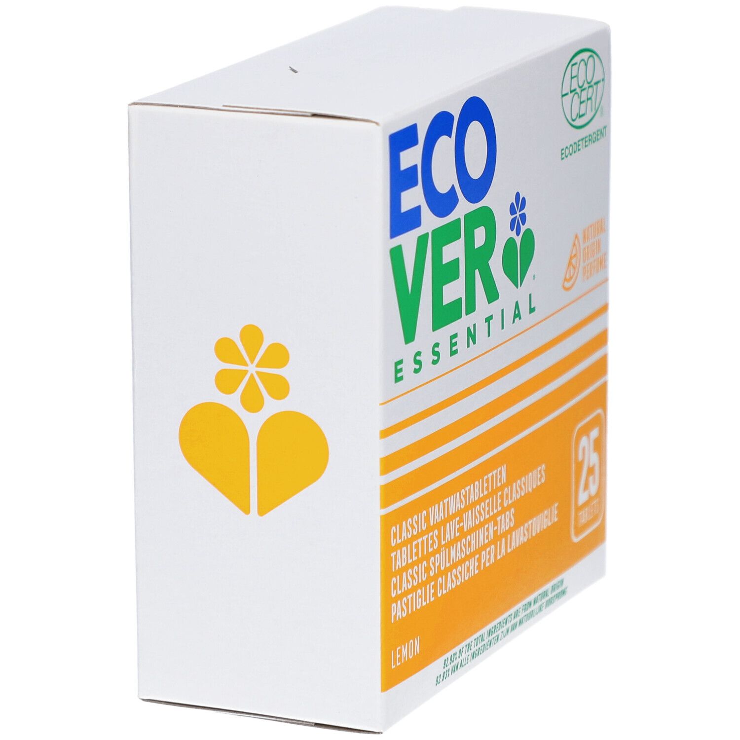Emballage en carton, blanc avec logo bleu-vert et éléments jaunes. Contient 25 tablettes lave-vaisselle. Certification ECOCERT.