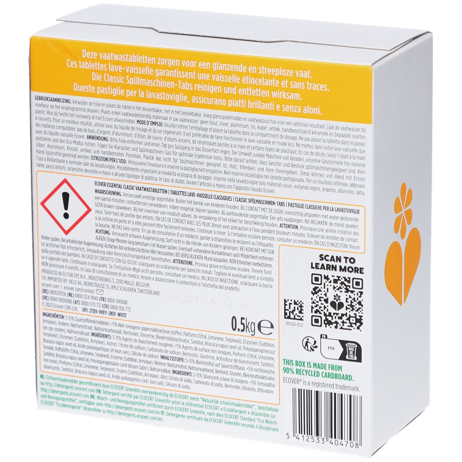 Dos de l'emballage en carton avec texte et avertissements. Contient 0,5 kg de tablettes lave-vaisselle. Code QR à scanner.