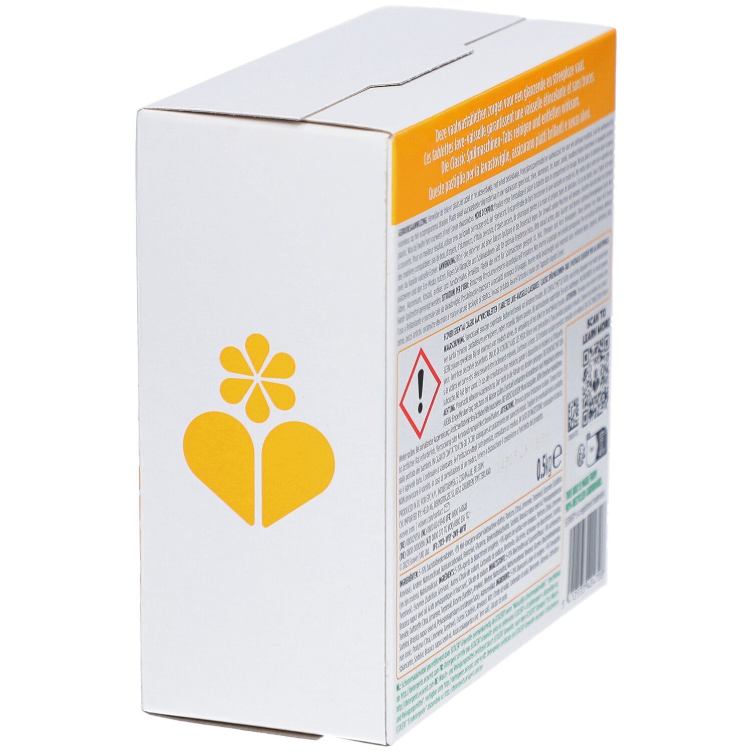 Emballage en carton, dos avec texte et avertissements. Contient 15g de tablettes lave-vaisselle. Code QR à scanner.