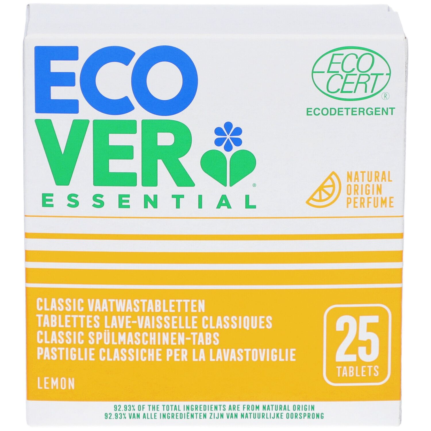 Boîte en carton blanche avec logo bleu-vert et accents jaunes. Contient 25 tablettes lave-vaisselle parfum citron. Certification ECOCERT.