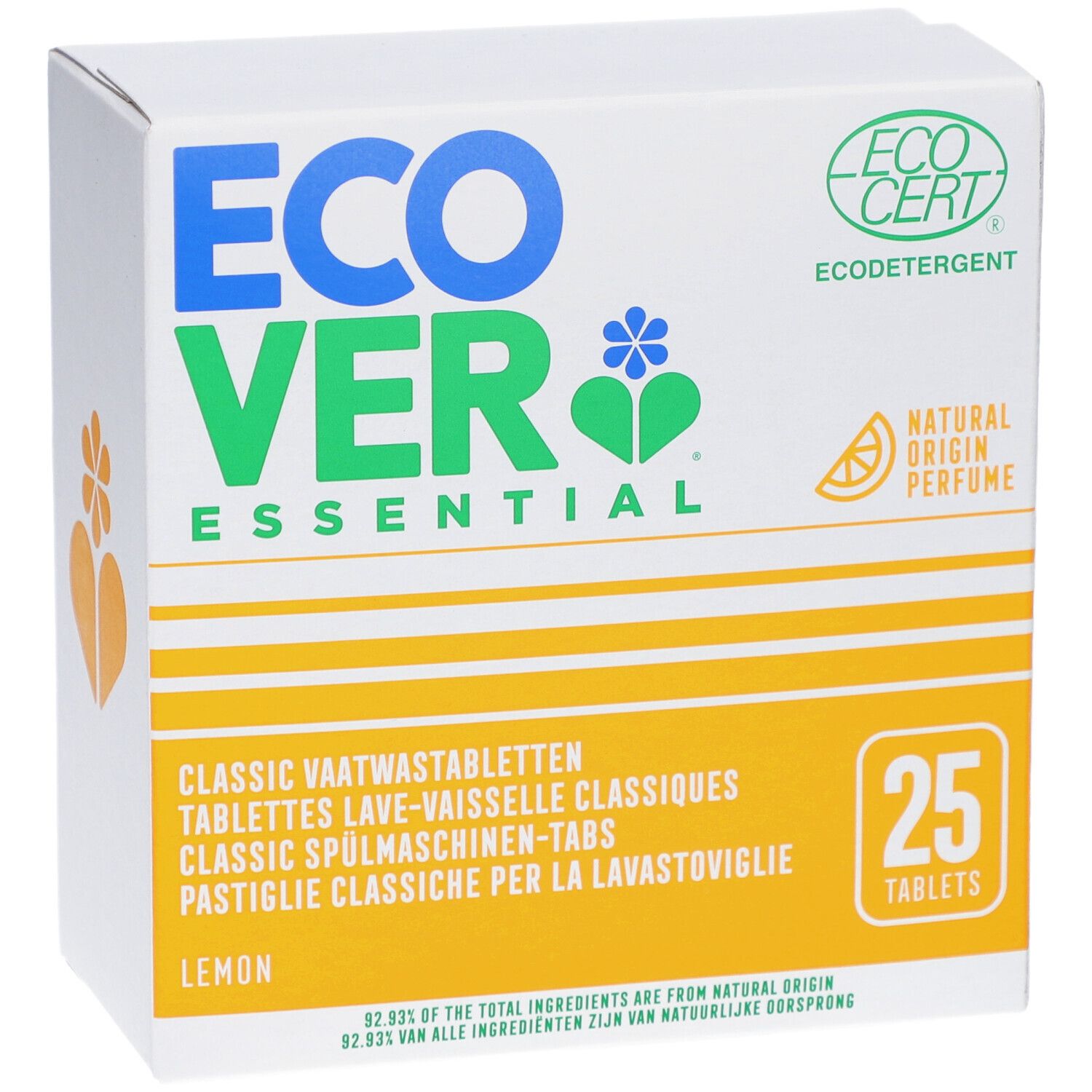 Boîte en carton blanche avec logo bleu-vert et accents jaunes. Contient 25 tablettes lave-vaisselle parfum citron. Certification ECOCERT.