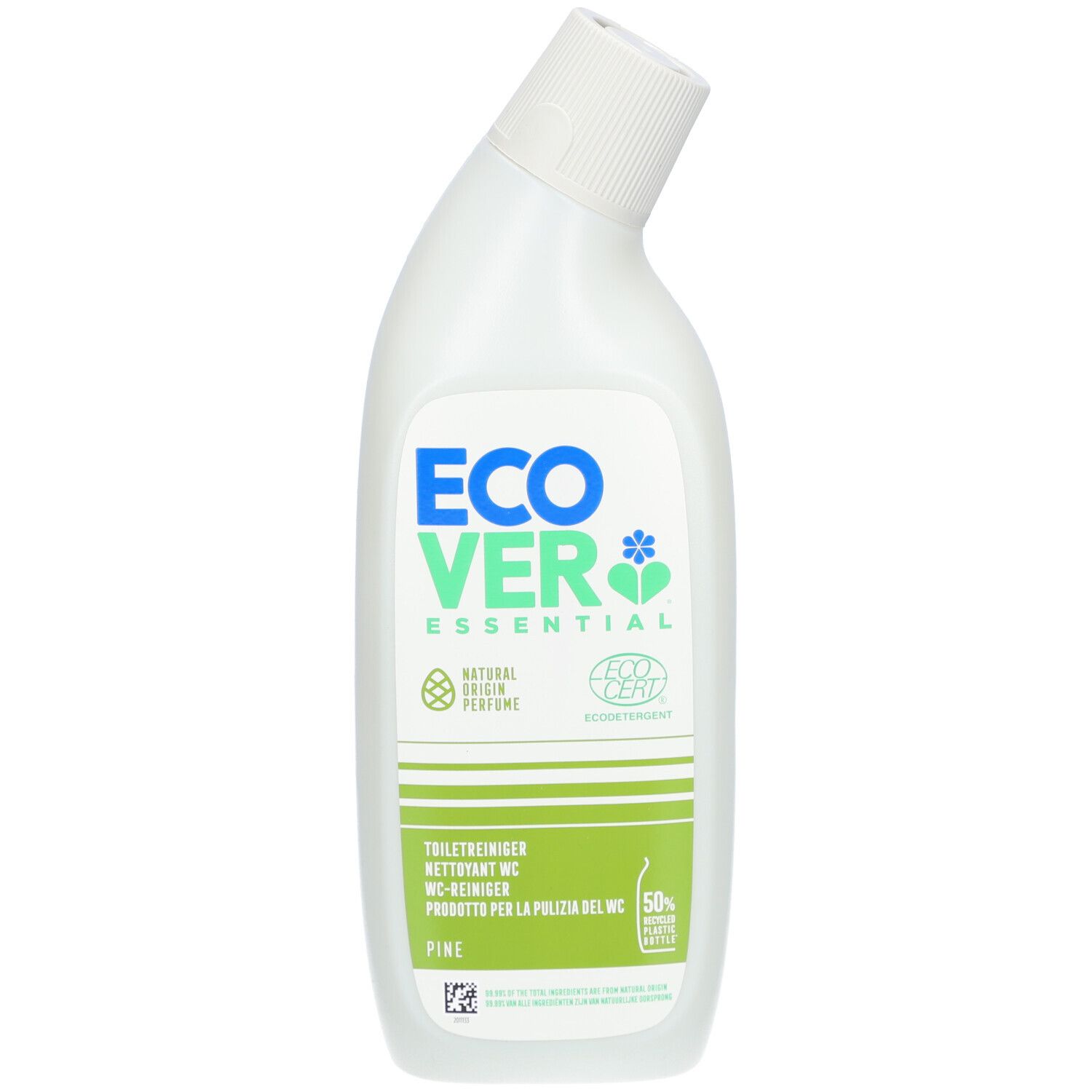 Flacon blanc avec étiquette bleu-vert. ECOVER Essential WC Reiniger, label ECO CERT. Texte: Tanne.