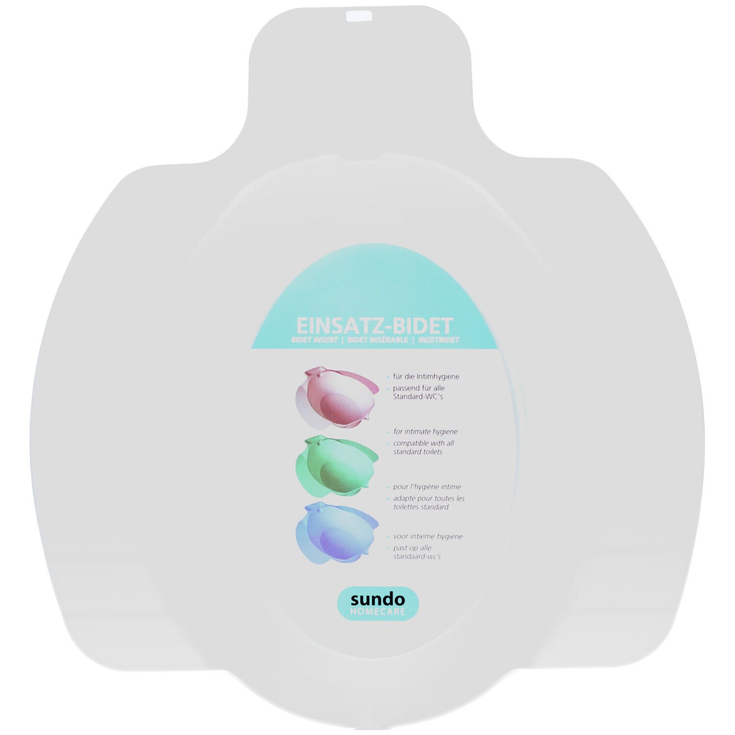 Witte bidet. Ovale vorm met opzetstuk. Tekst: Einsatz-Bidet, SUNDO. Illustraties in roze, groen en blauw.