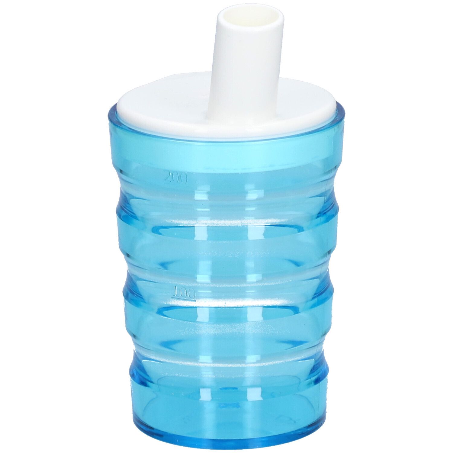 Gobelet bleu avec surface rainurée, couvercle blanc et bec verseur. Marques de volume.