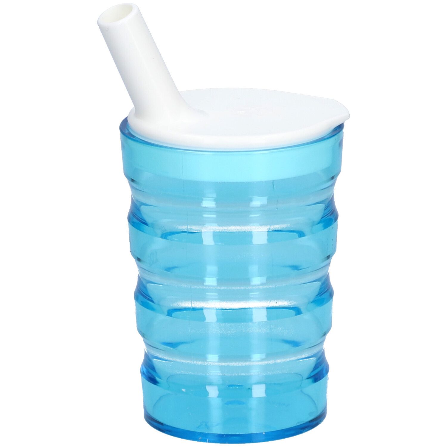 Gobelet bleu avec surface rainurée, couvercle blanc et bec verseur. Marques de volume.