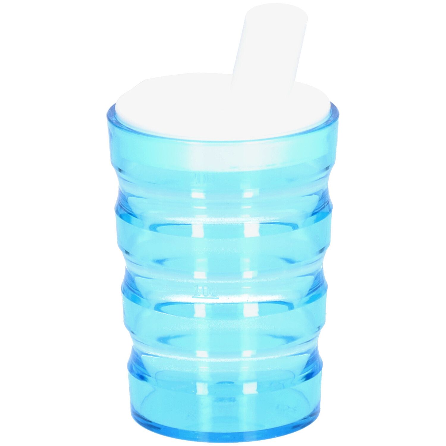 Gobelet bleu avec surface rainurée, couvercle blanc et bec verseur. Marques de volume.