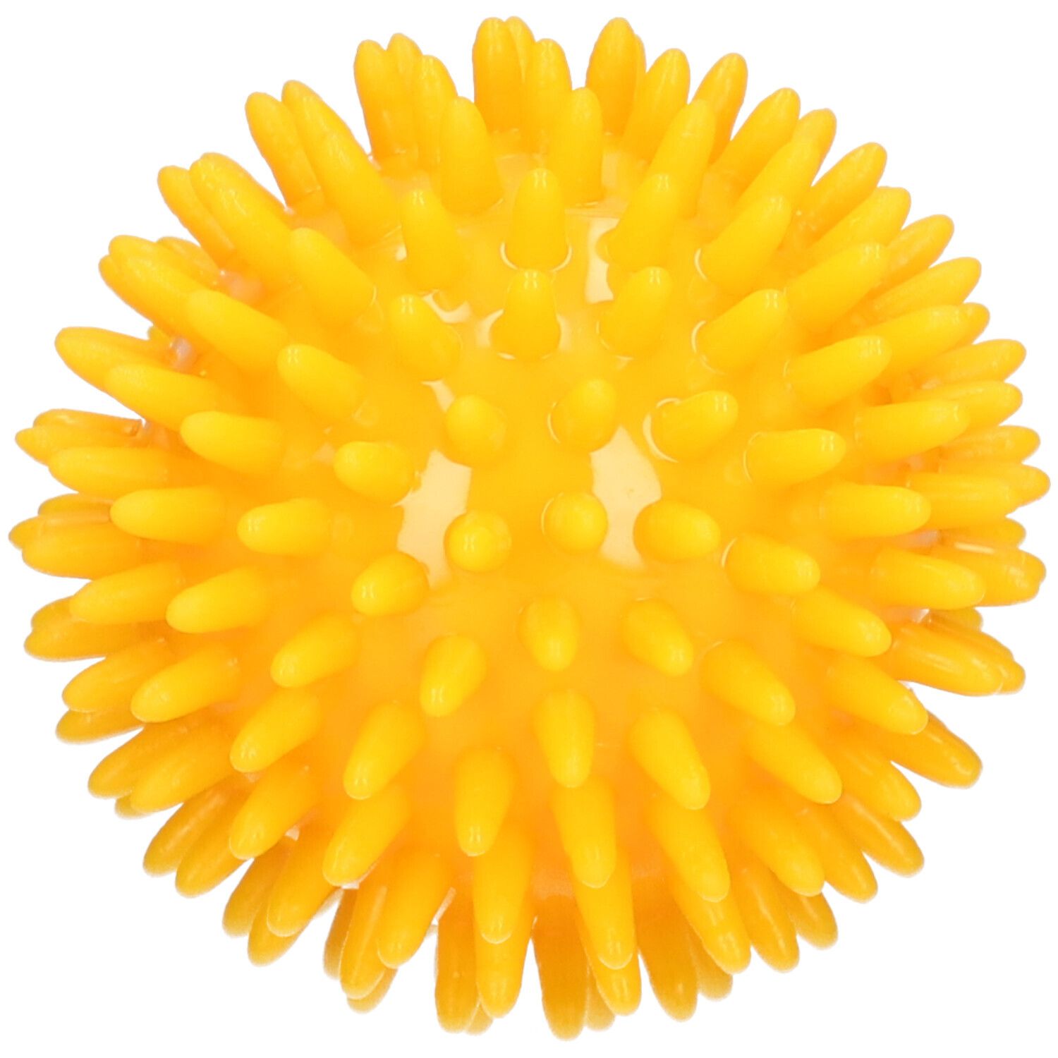 Gele massagebal met noppen. Rond, met veel kleine, conische uitsteeksels op het oppervlak.