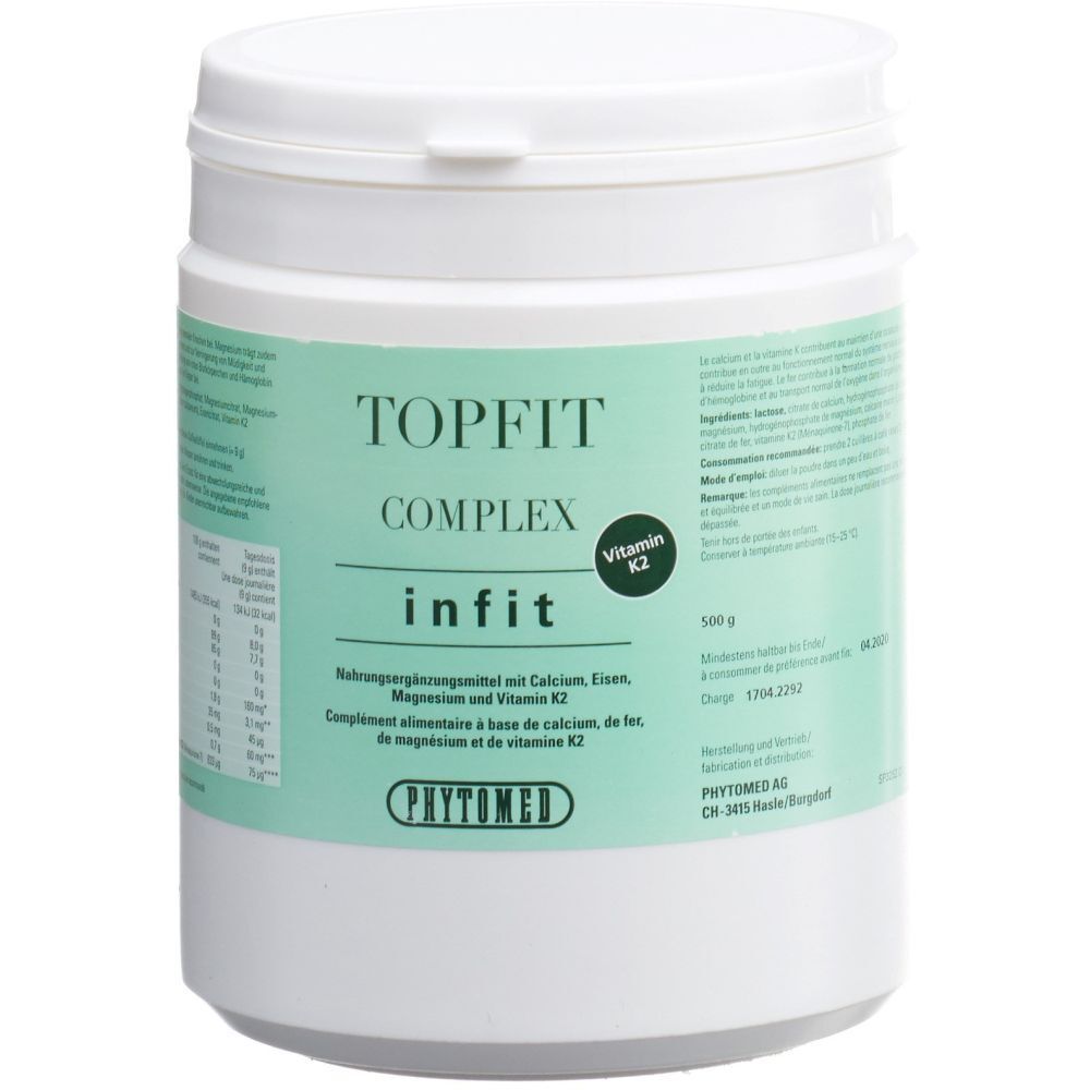 Récipient blanc avec étiquette verte. Inscription: TOPFIT COMPLEX infit, Vitamine K2. Logo PHYTOMED.
