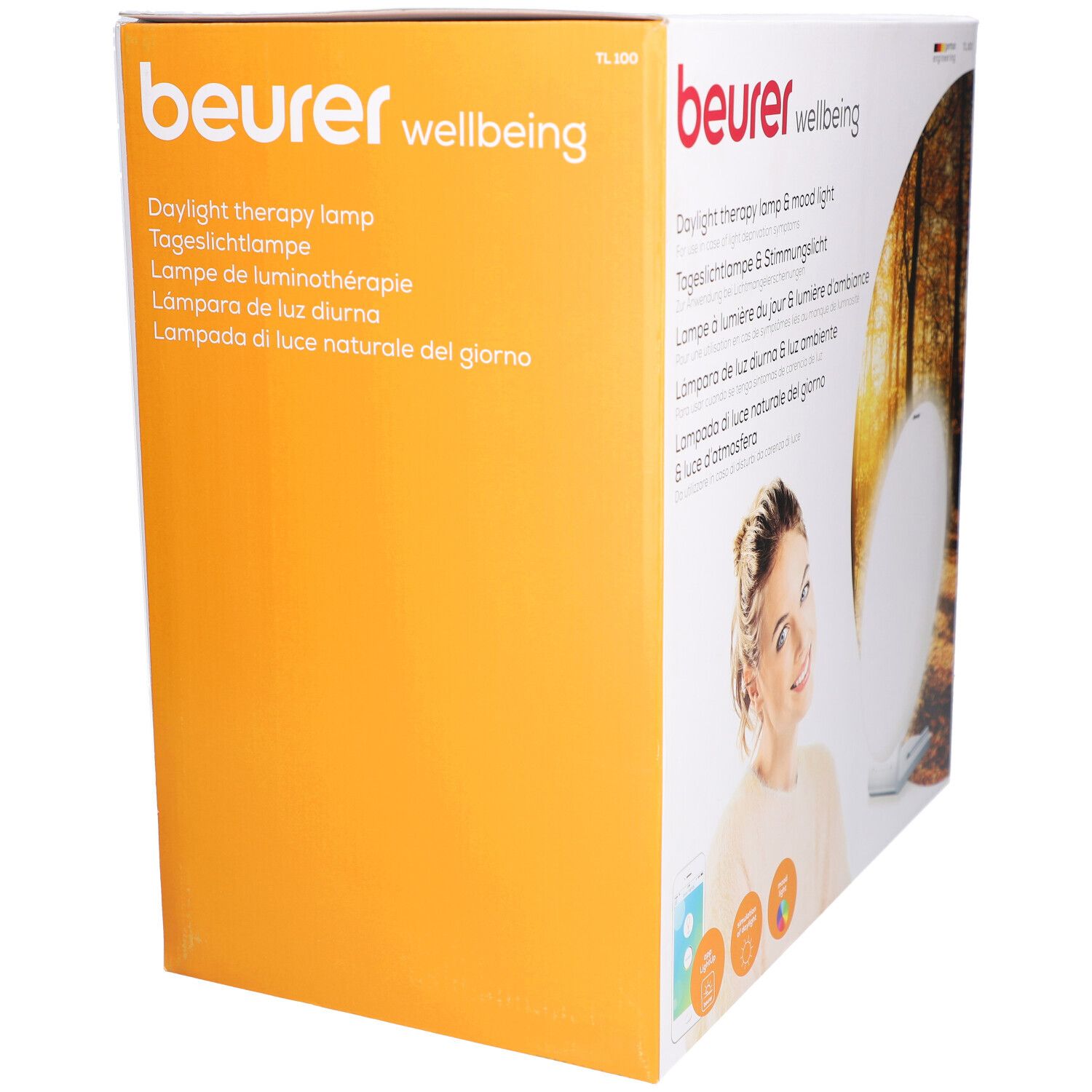 Beurer TL 100 verpakking. Opdruk: Daglichttherapielamp & sfeerverlichting. Productafbeelding. Oranje achtergrond.