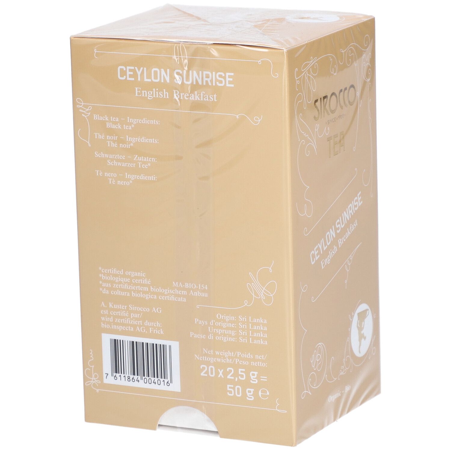 Achterkant van de theeverpakking. Opschrift: Ceylon Sunrise English Breakfast. Bevat informatie over ingrediënten en herkomst.
