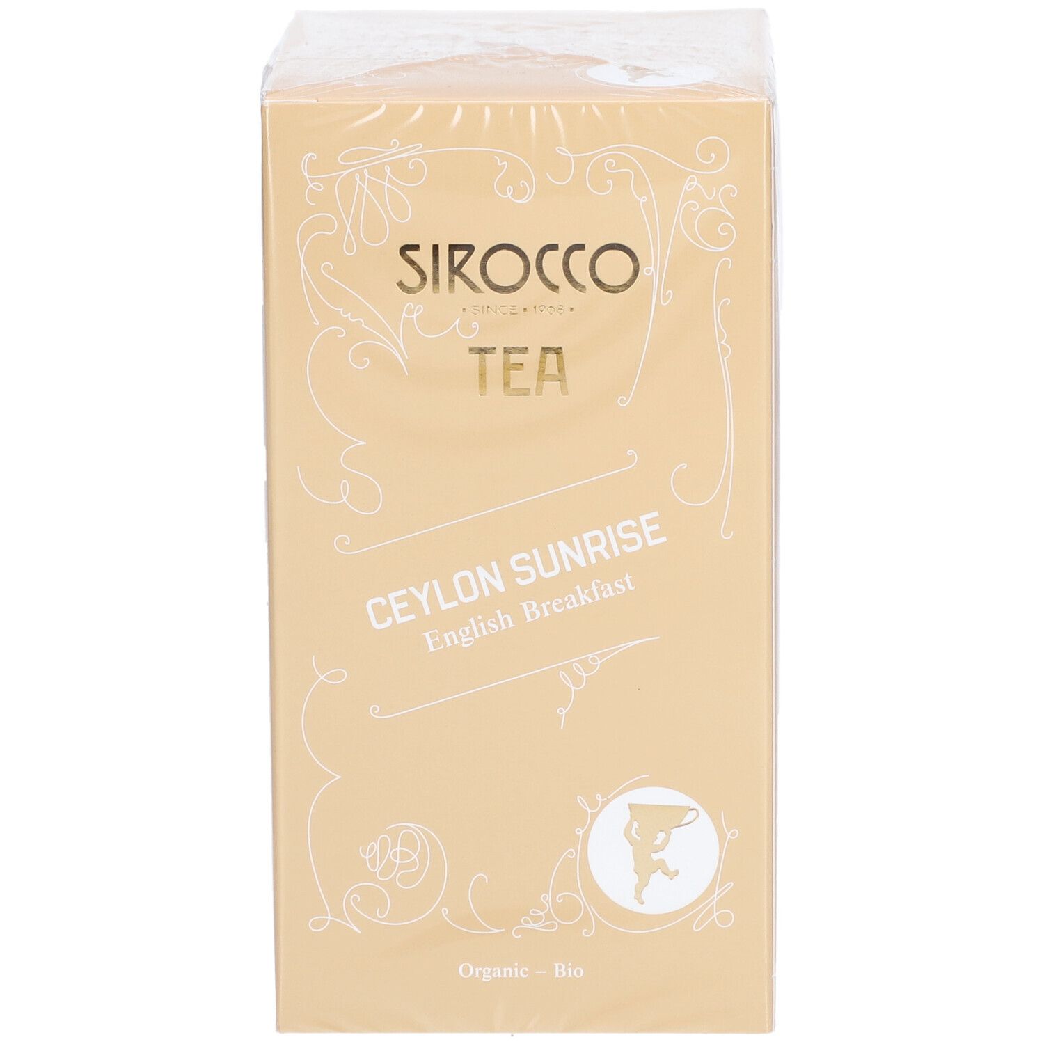 Voorkant van de theeverpakking. Opschrift: Sirocco Tea, Ceylon Sunrise English Breakfast. Gouden doos met logo.