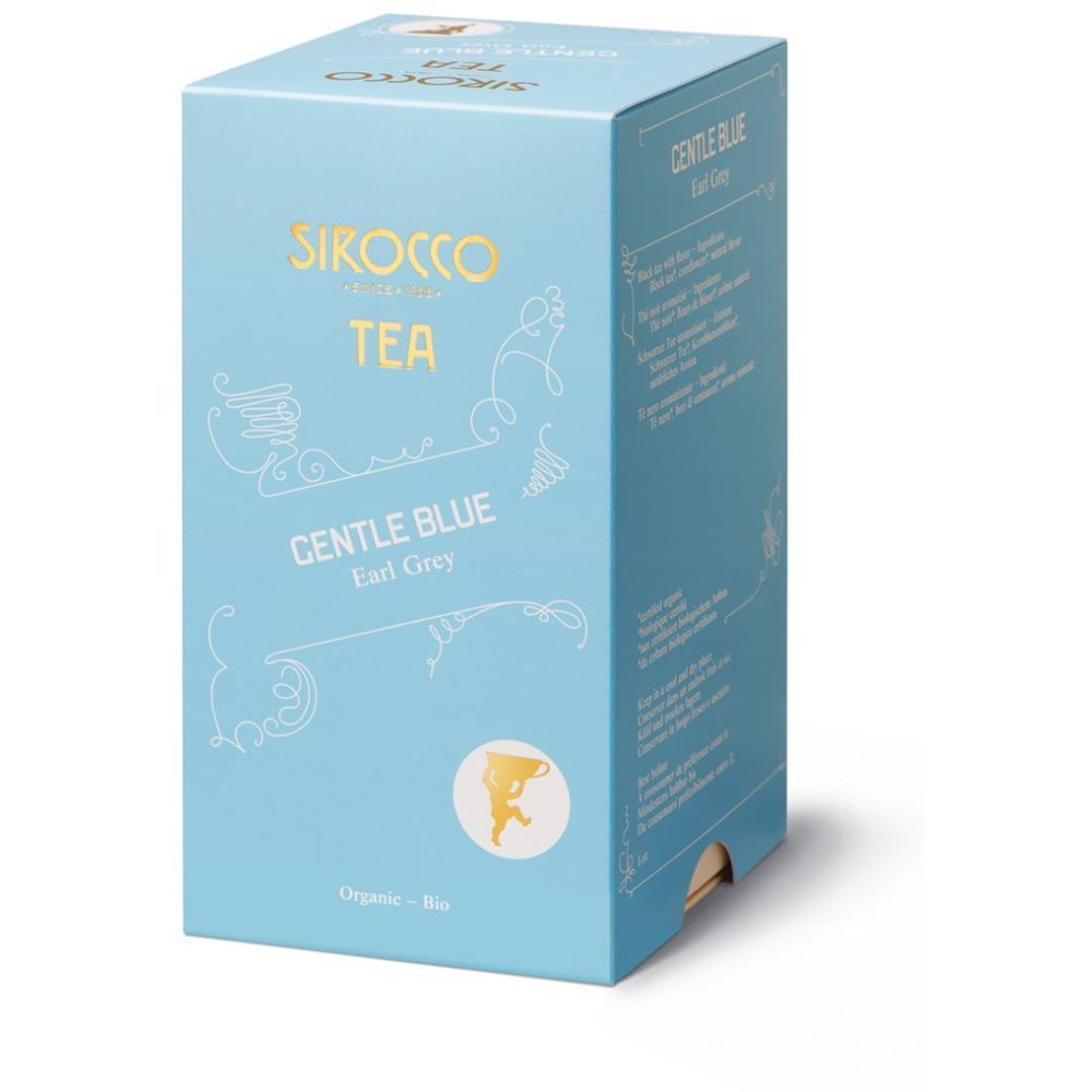 Boîte bleu clair avec logo et texte dorés. Inscription : Gentle Blue Earl Grey. Label bio.