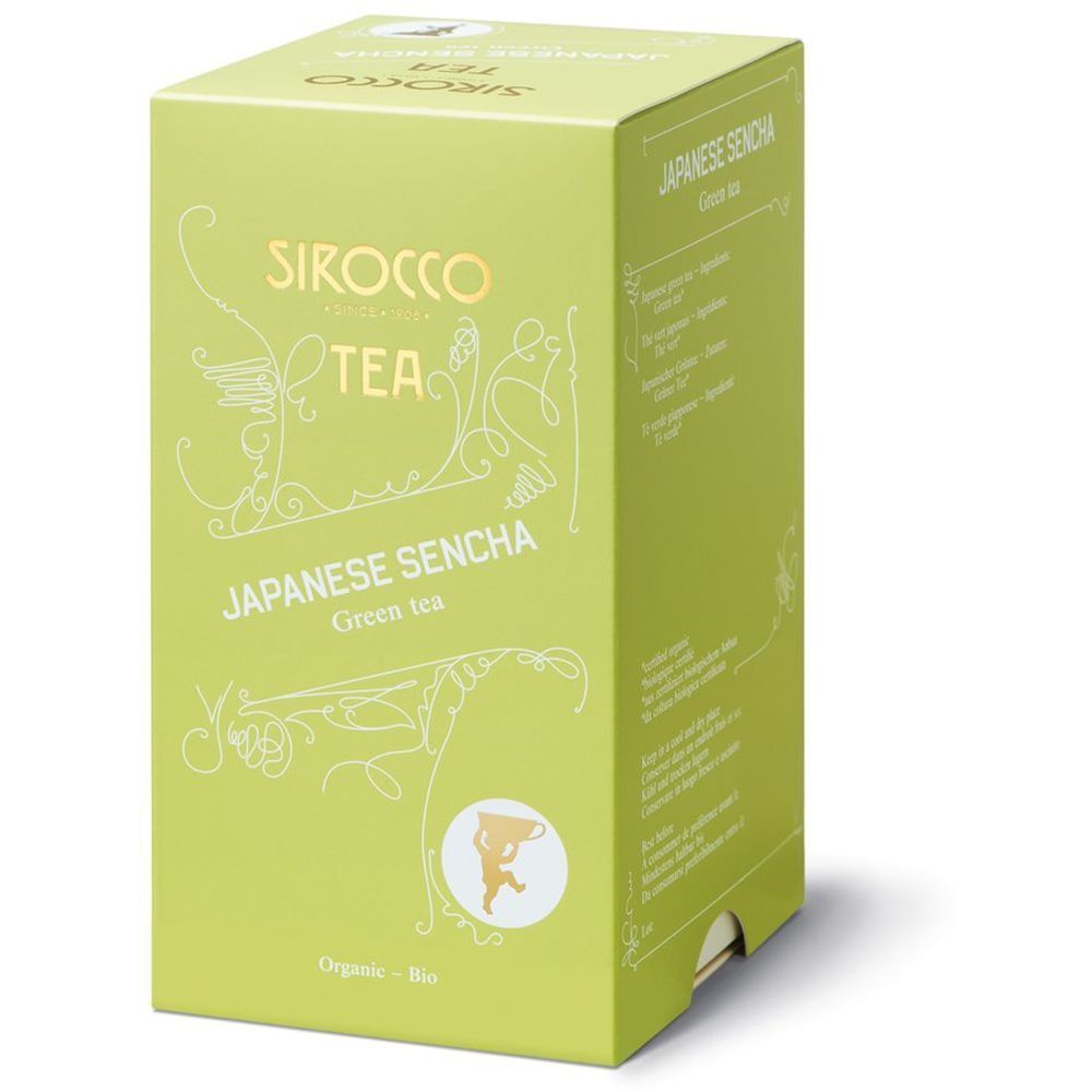 Groene doos met "Sirocco Tea Japanese Sencha". Bio-label. Lichtgroene achtergrond. Gouden belettering.