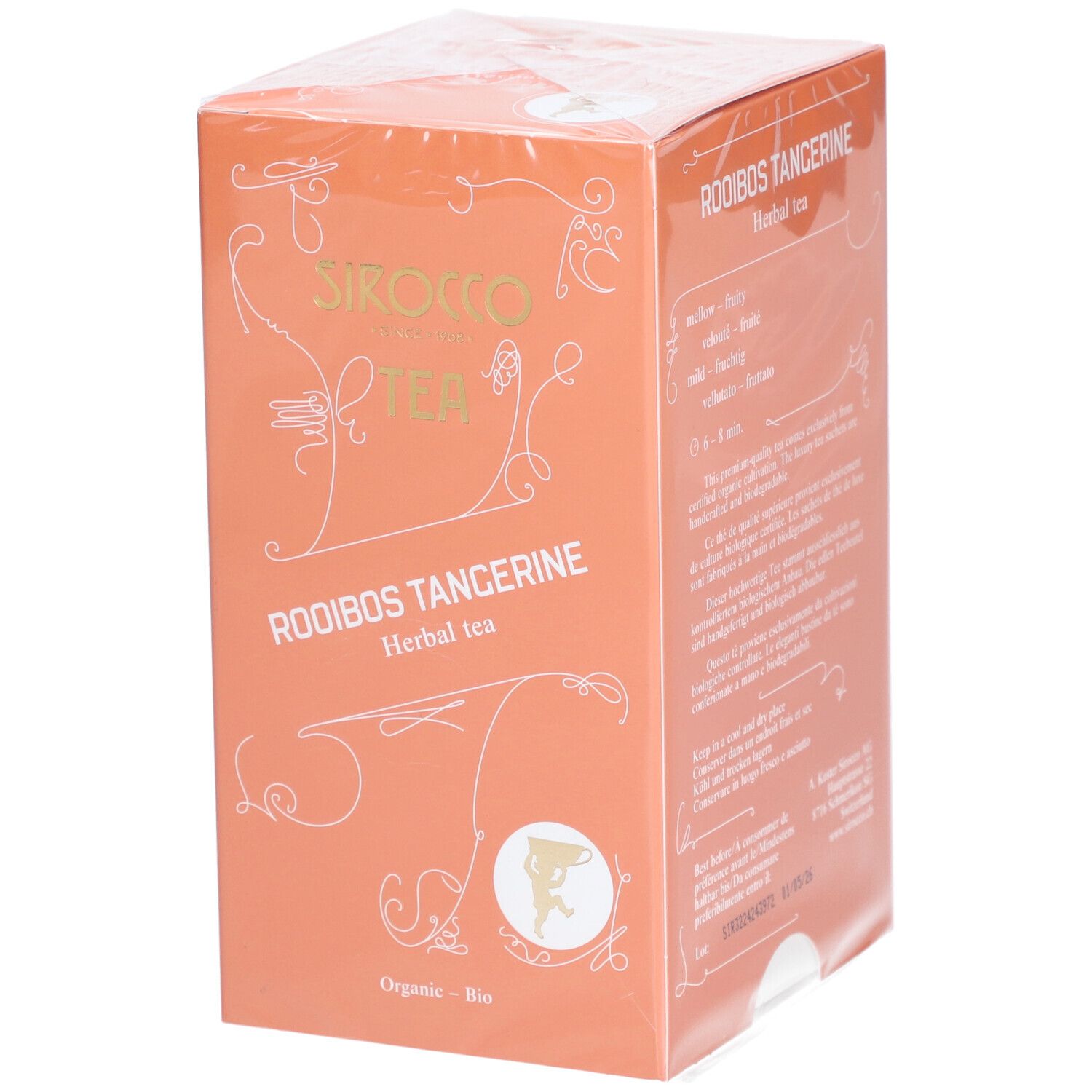 Boîte orange avec texte blanc. Inscription: Sirocco Tea, Rooibos Tangerine, Herbal tea. Label Bio.
