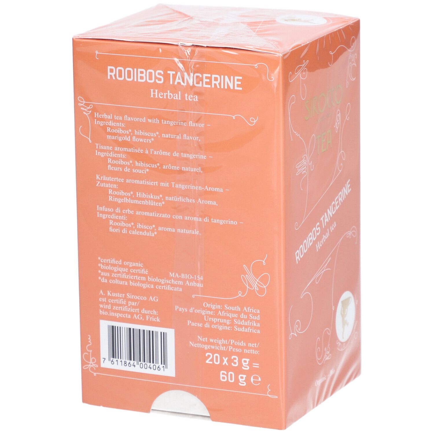Dos de la boîte orange. Liste des ingrédients, origine Afrique du Sud, poids 60g. Code-barres et label Bio.