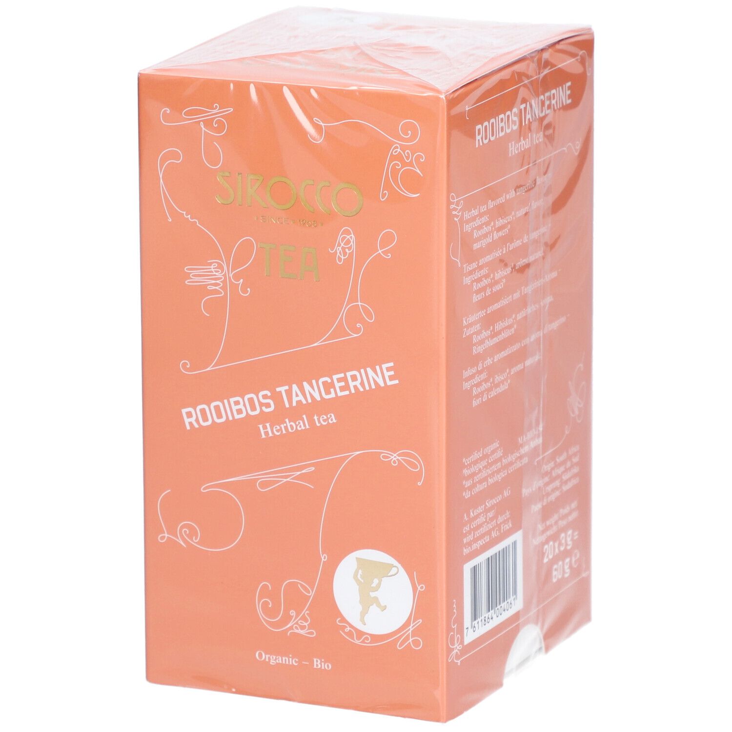 Boîte orange avec texte blanc. Inscription: Sirocco Tea, Rooibos Tangerine, Herbal tea. Label Bio.