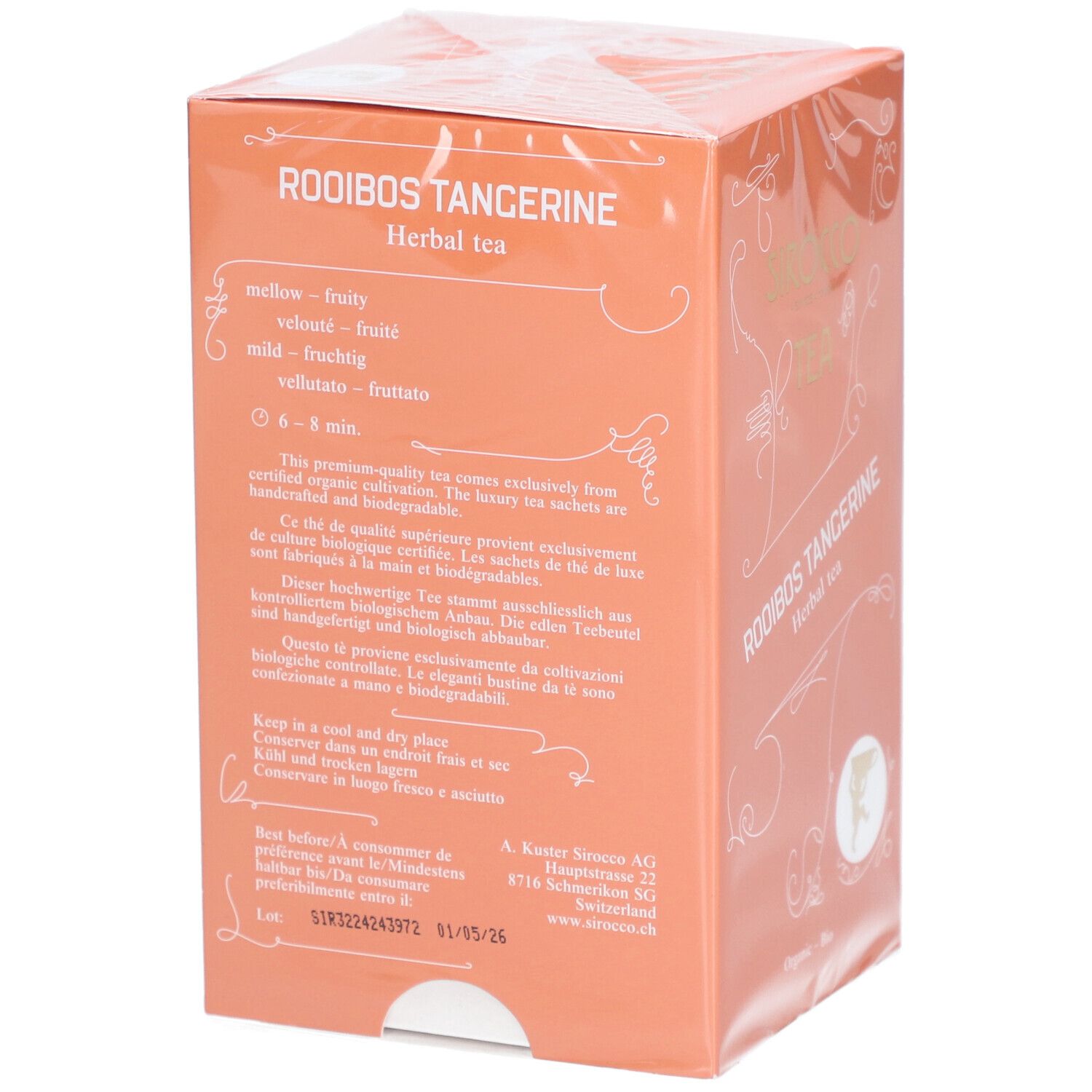 Dos de la boîte orange. Description, durabilité, stockage. Code-barres et label Bio.
