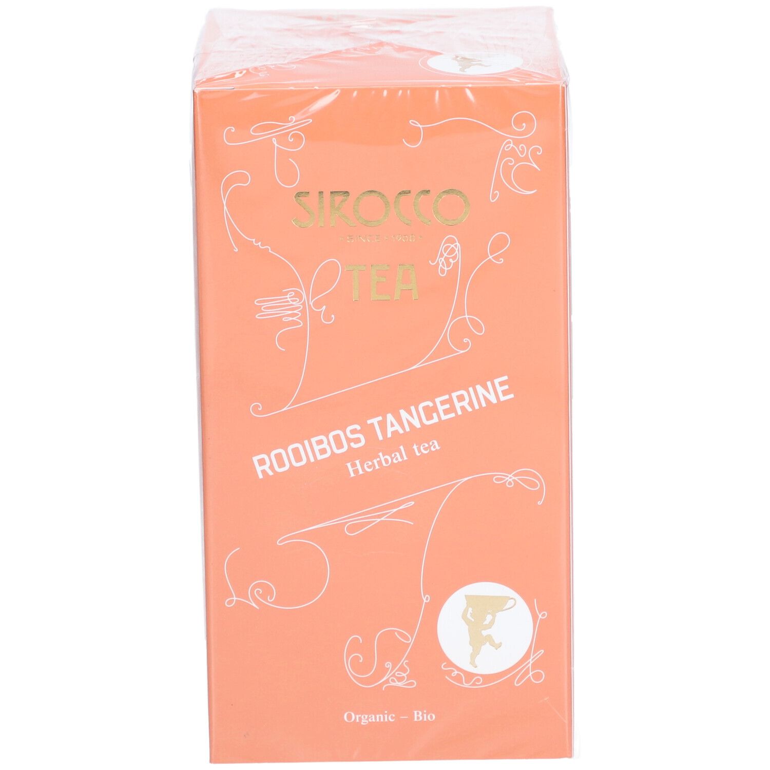Boîte orange dans un film transparent. Inscription: Sirocco Tea, Rooibos Tangerine, Herbal tea. Label Bio.