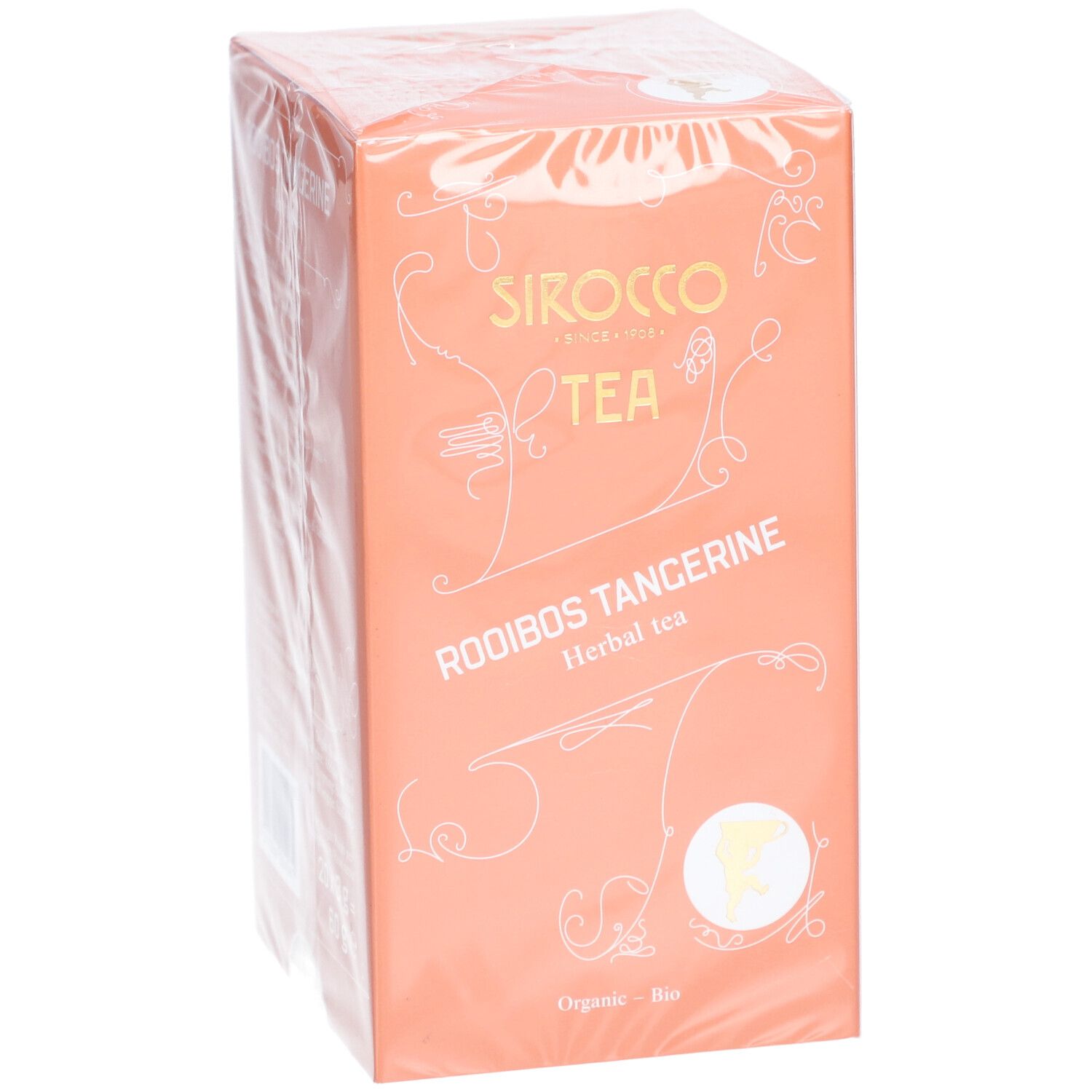 Boîte orange dans un film transparent. Inscription: Sirocco Tea, Rooibos Tangerine, Herbal tea. Label Bio.