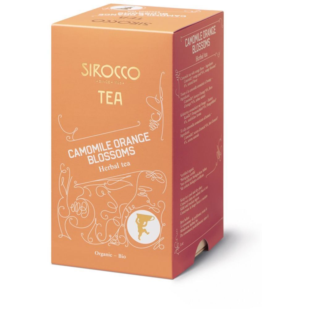 Boîte de thé Sirocco. Inscription: Camomille Orange Blossoms. Label bio. Emballage orange.