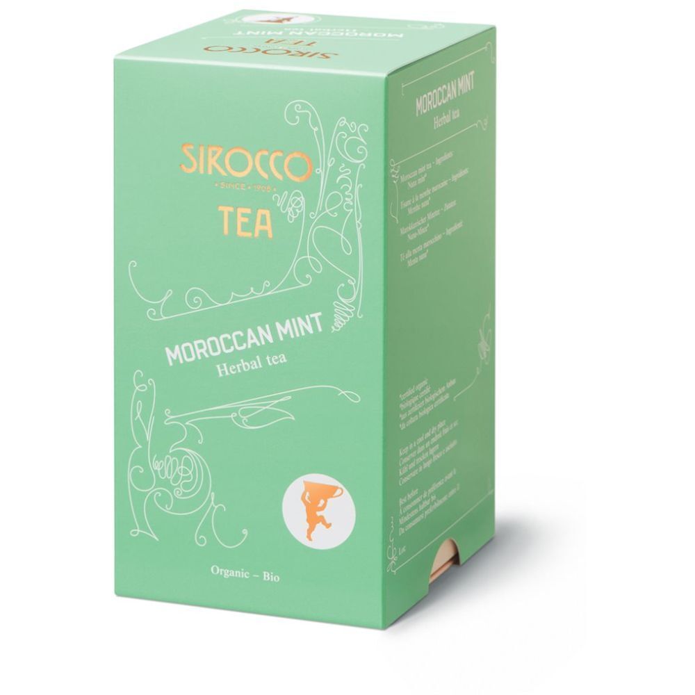 Boîte vert clair avec "Sirocco Tea Moroccan Mint". Certification bio. Illustration d'une petite figurine.