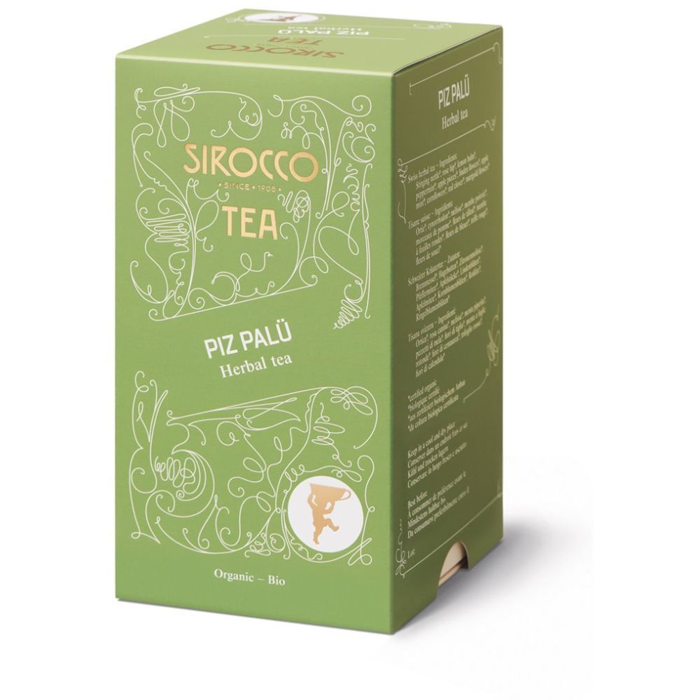 Groene doos "Sirocco Tea Piz Palü". Kruidenthee verpakking met bloemmotieven en bio-label.