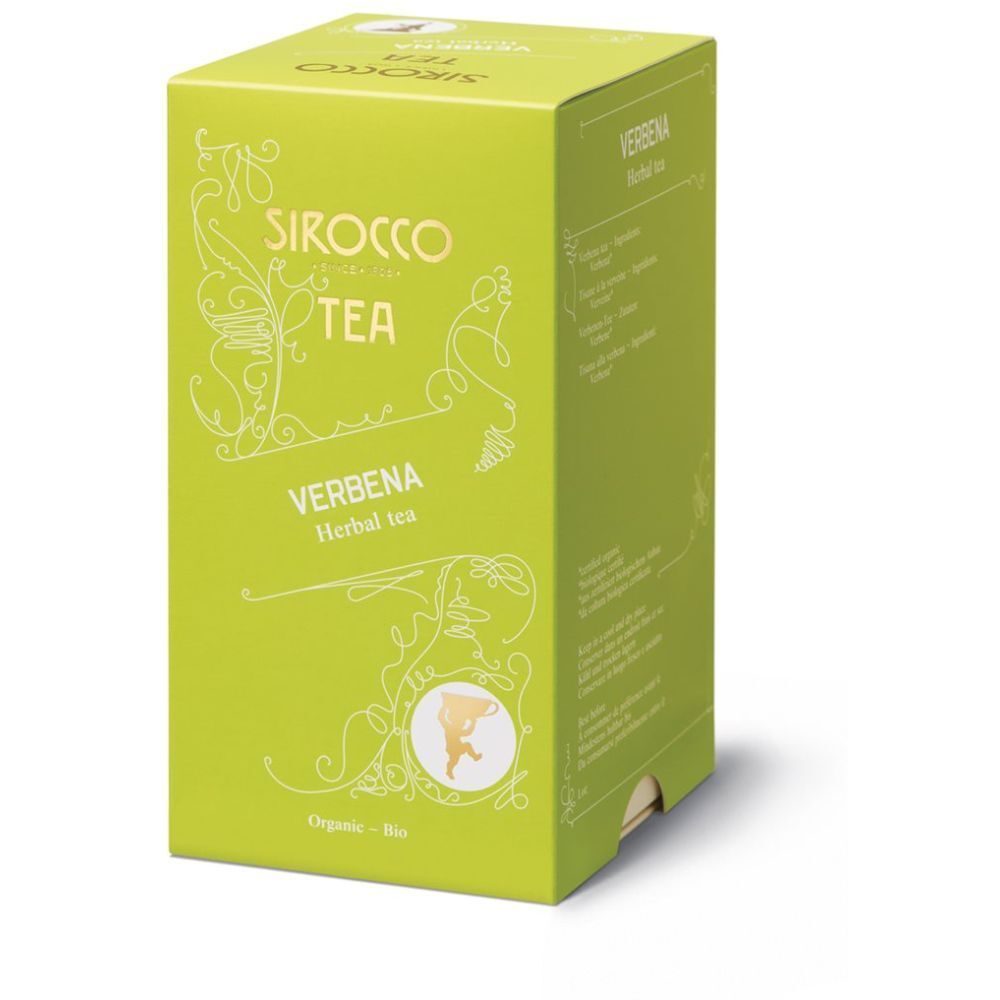 Groene doos Sirocco Tea, Verbena kruidenthee. Logo en tekst wit en goud. Bio-label.