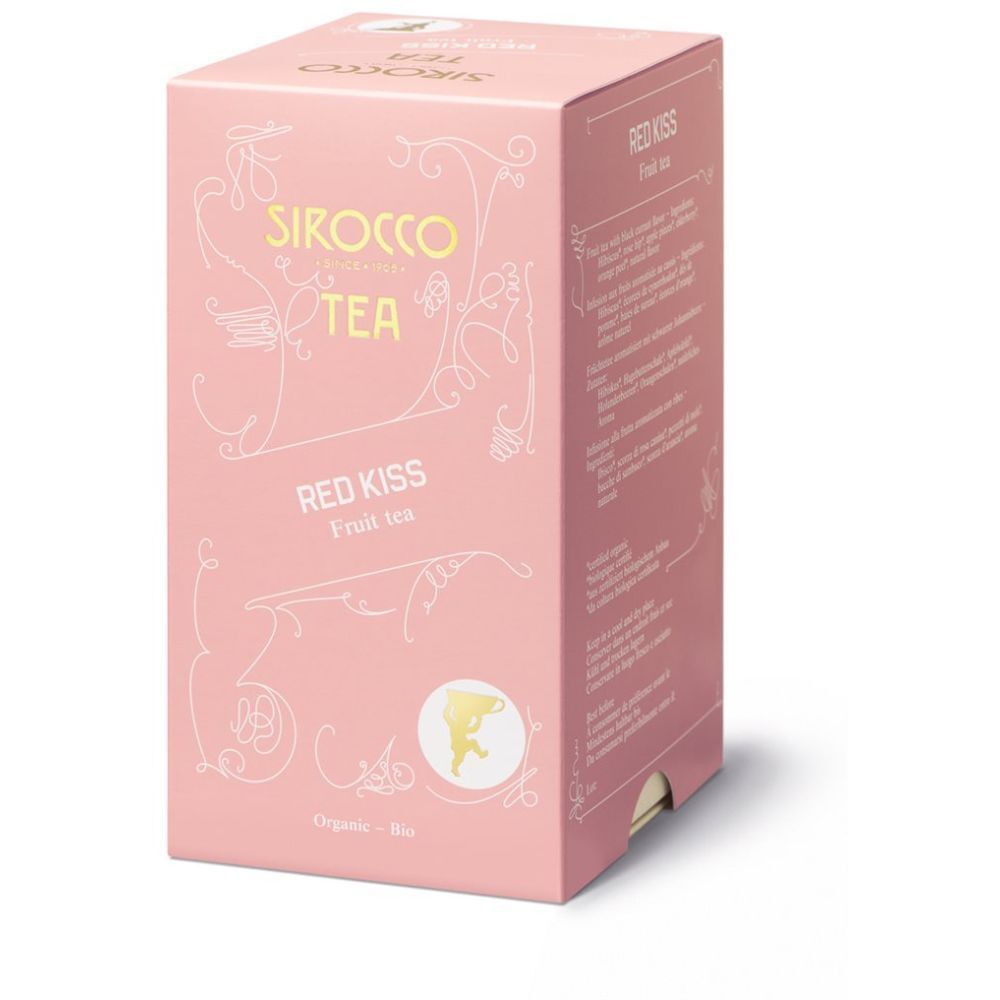 Roze doos met "Sirocco Tea Red Kiss Fruit tea". Gouden logo en tekst. Vierkante vorm.
