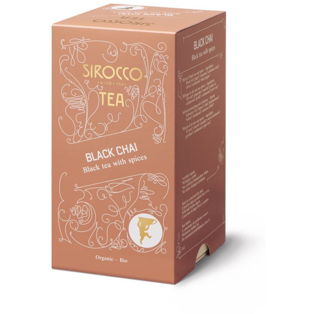 Boîte Sirocco Tea Black Chai. Emballage marron avec texte et logo. "Black Chai" et "Organic - Bio" sont visibles.
