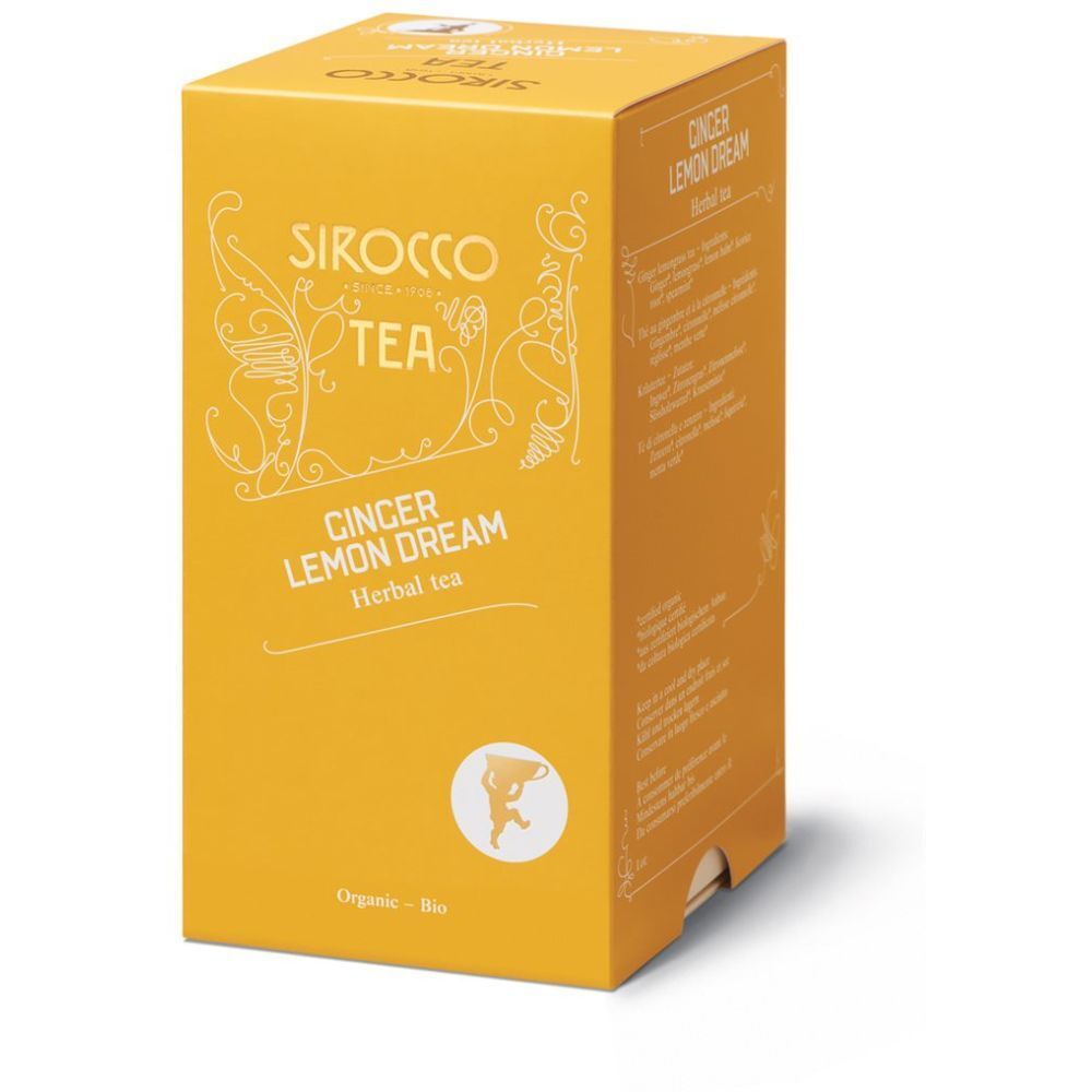 Gele verpakking met tekst: Sirocco Tea, Ginger Lemon Dream, Herbal tea. Bio logo. Schuin zicht.